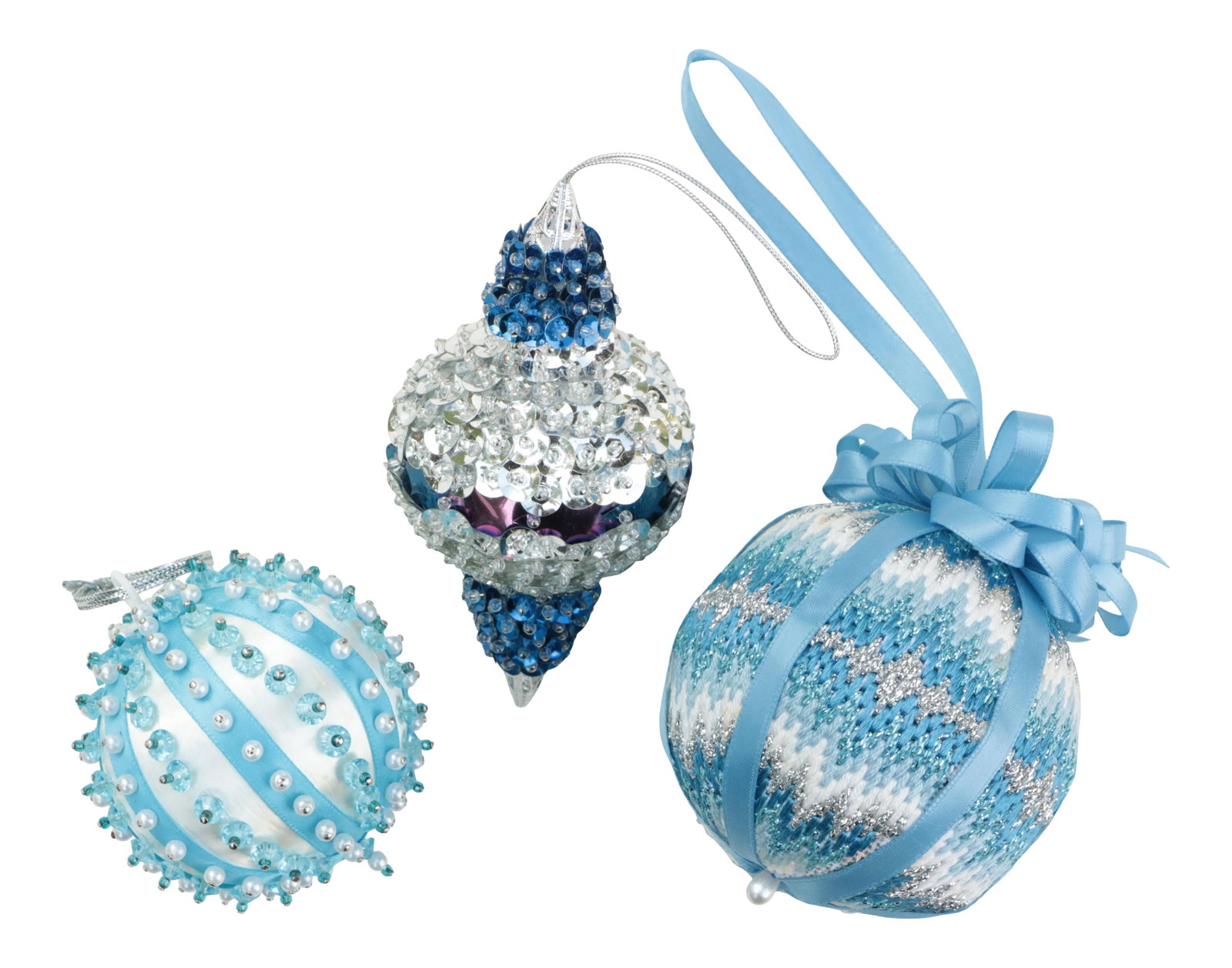 Vintage Beaded Christmas Ornaments - Set of 3: Trim the tree with this beautiful set of three vintage handmade Christmas ornaments featuring pins, beads, sequins, ribbons, and bargello needlepoint in shades of blue, white, and silver. The