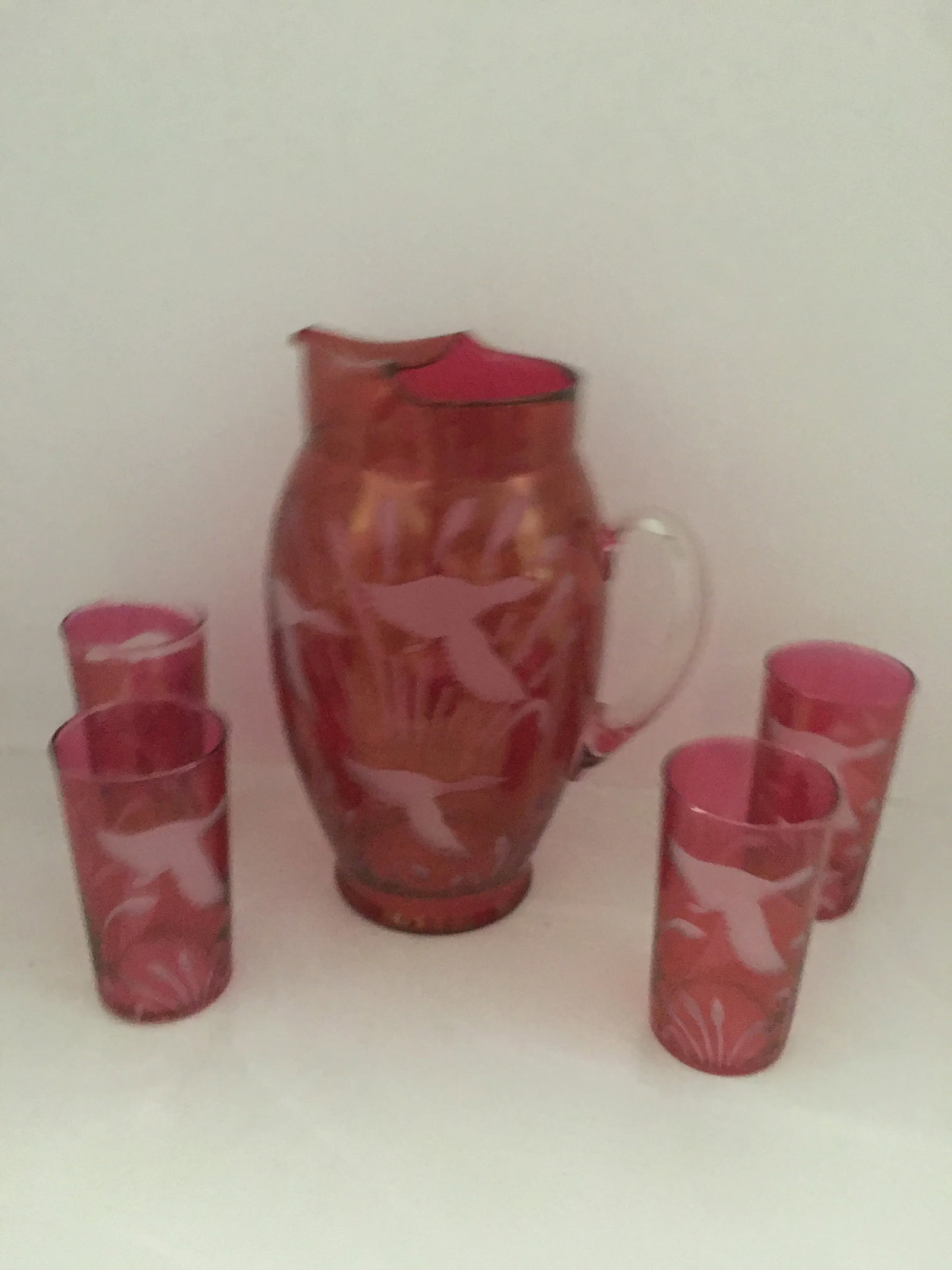 Vintage Cranberry Glass Pitcher and Tumblers - 5