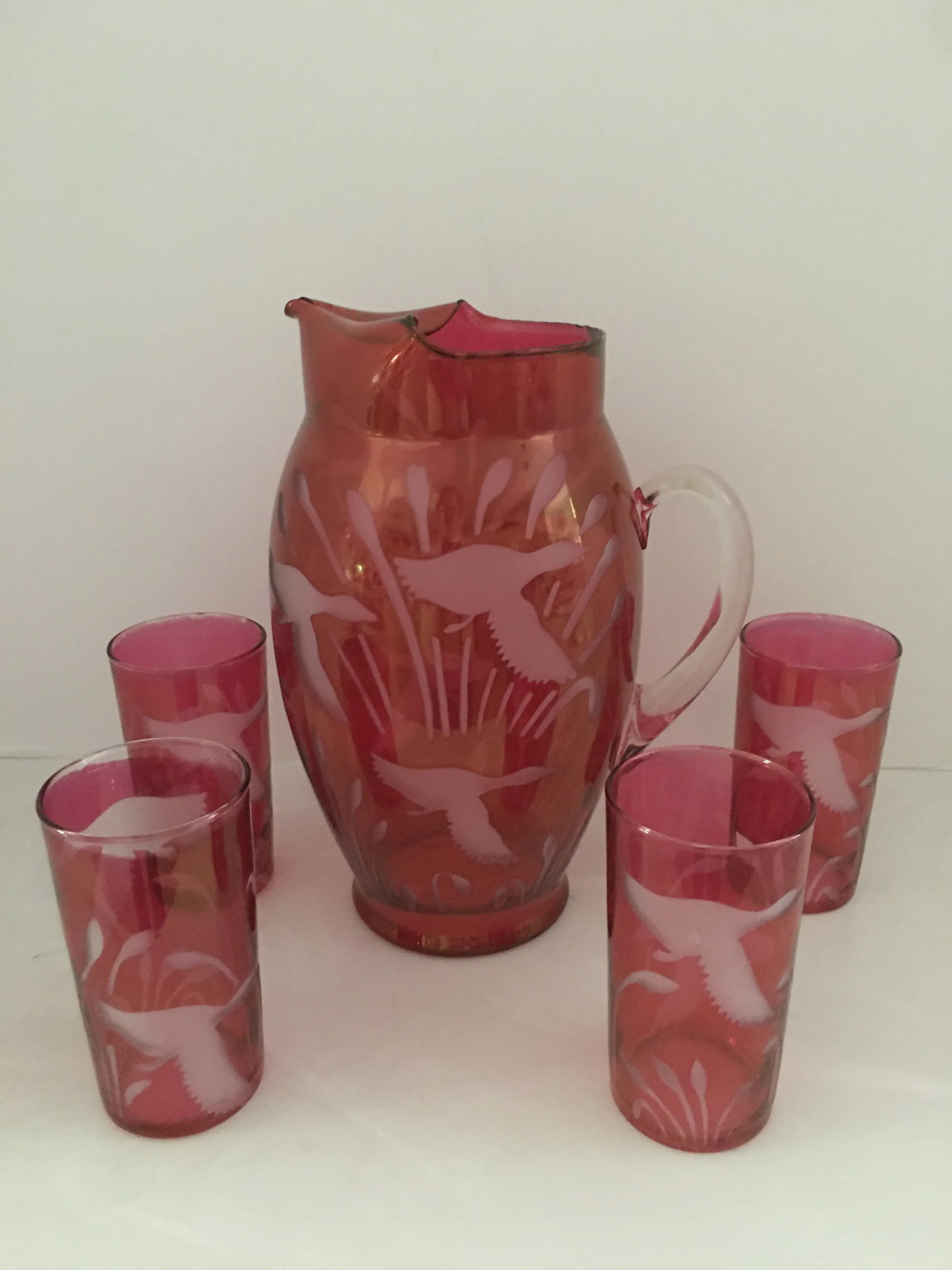 Vintage Cranberry Glass Pitcher and Tumblers - 8