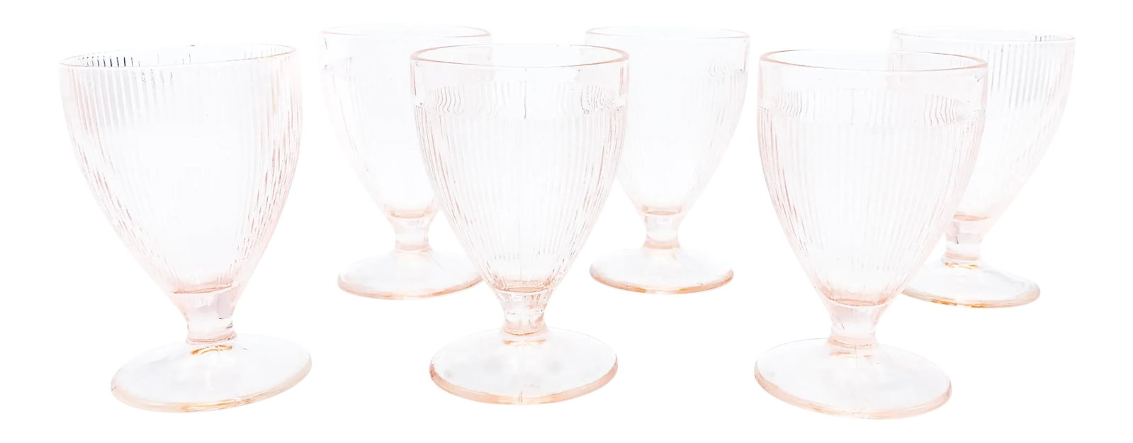 Mid-Century Modern Pale Pink Glass Goblets / Sundae Dishes- 6 Pieces: Vintage set of 6 mid century elegant pale pink goblets / sundae dishes. This colorful set includes 6 stemmed pieces made of solid pressed glass in a beautiful shade of glass that mimics depression