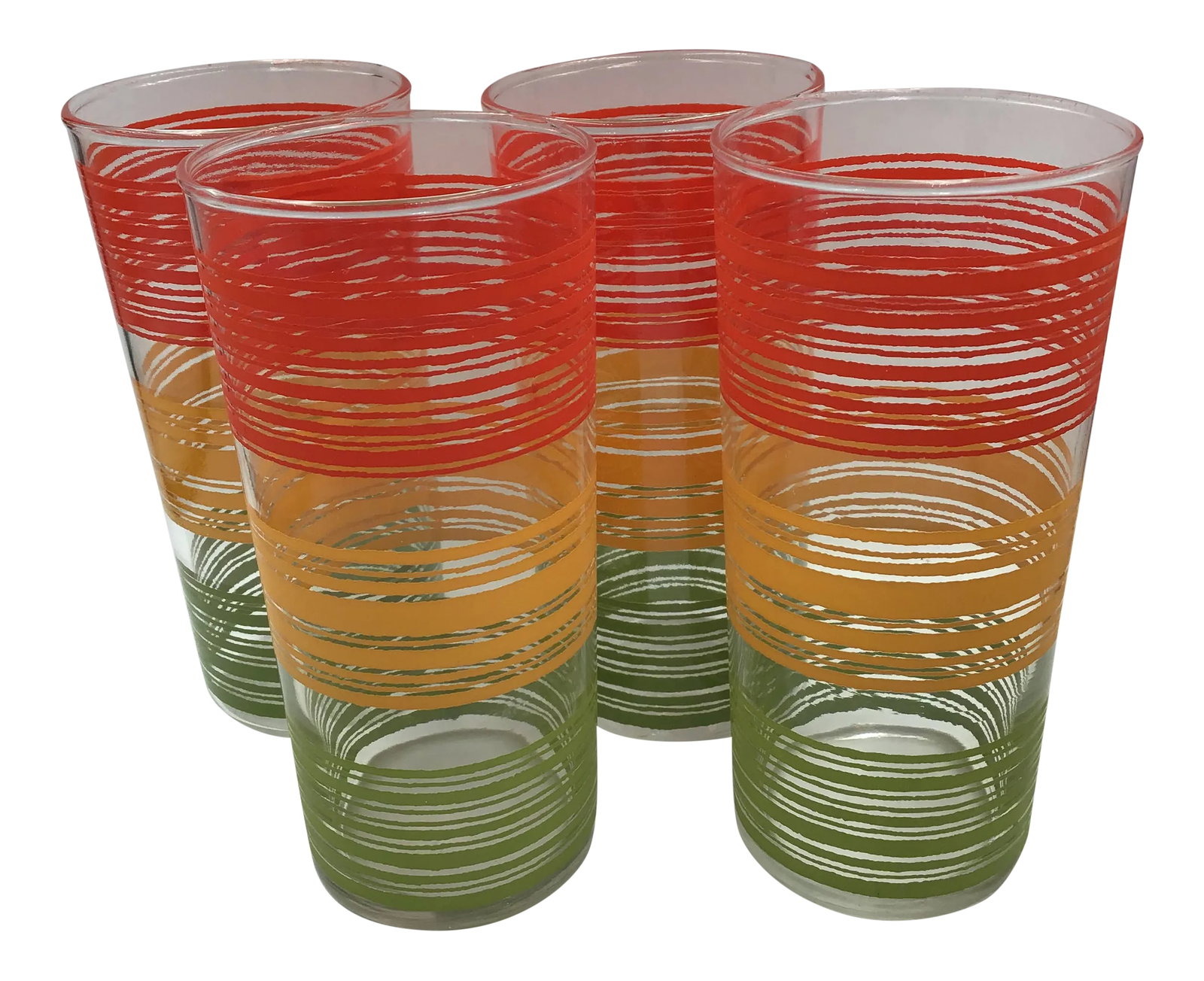 Vintage Colored Striped Cocktail Highball Bar Glasses - Set of 4: Fantastic 60s striped bar glasses in excellent condition. They measure 6" H and 2 3/4" W. Condition: Alterations: Original Condition Unaltered Imperfections: Some Imperfections Condition Notes: