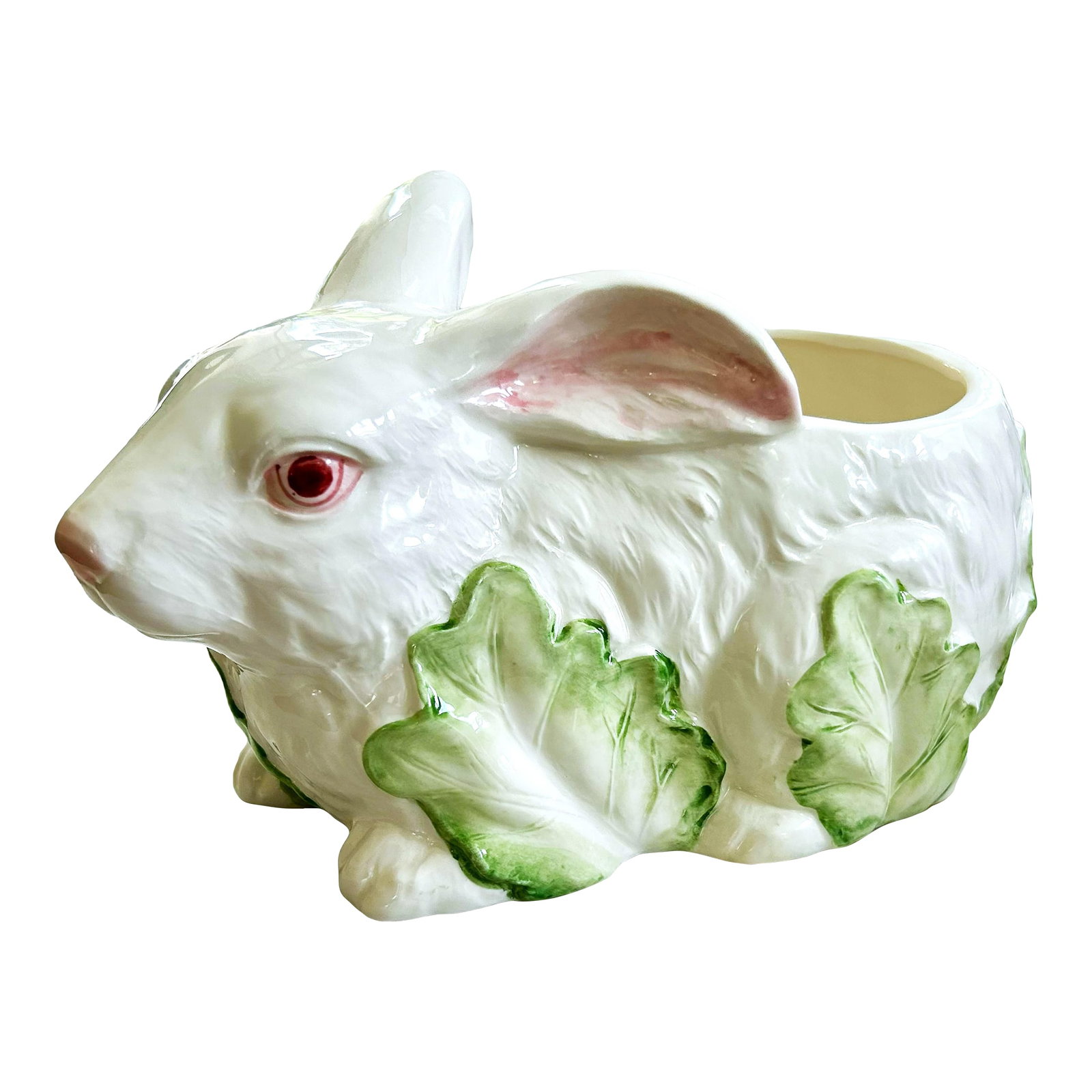 Vintage Hand Painted Bunny Rabbit Planter: Hand-painted ceramic bunny rabbit planter / dish in a classic majolica style. With glossy hand-painted greens and sculptural cabbage-leaf detailing, the bright glaze and dimensional modeling give it