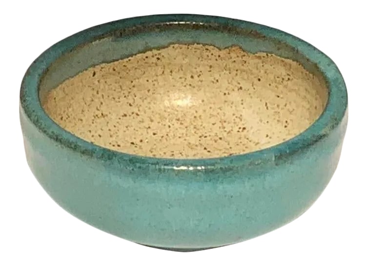 Late 20th Century Small Studio Pottery Bowl: The artist has signed the piece "Von". Her name is Yvonne Holland from Durango Colorado. The Cyan blue-green color is beautiful! It would be at home as a functional piece in the kitchen or displayed