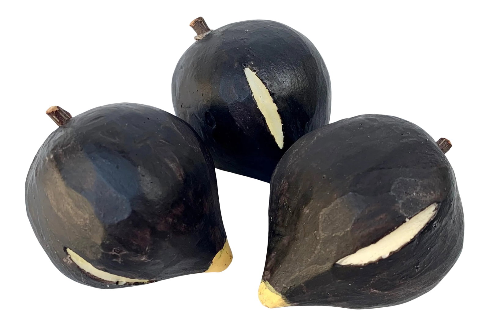 Vintage Carved Mission Figs - Set of 3: Set of three vintage hand carved and painted mission figs. Black figs with a purple undertone, yellow tips and white details. Wooden stems. No visible maker's mark. Condition: Alterations: Original Co