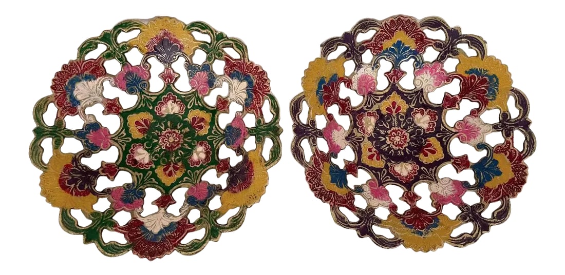India Floral Enameled Brass Decorative Bowls - a Pair: A pair of brass decorative bowls from India with colorful floral enamel pattern. 7.75 inches diameter x 2.5 inches tall. Condition: Alterations: Original Condition Unaltered Imperfections: Some