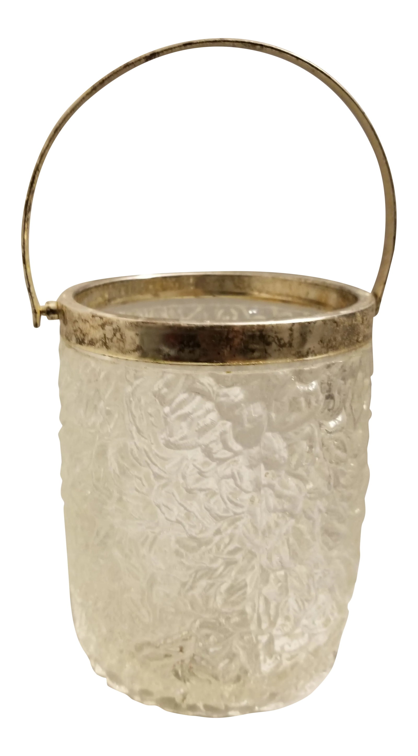 Mid-Century Modern Cut Glass Ice Bucket W/ Silverplate Trim & Handle: Fabulous for a home bar. Mid Century Modern; rare Vintage Mid Century Modern Cut Glass Ice Bucket Silver Plate Trim and Handle Condition: Alterations: Original Design Modified Imperfections: Some