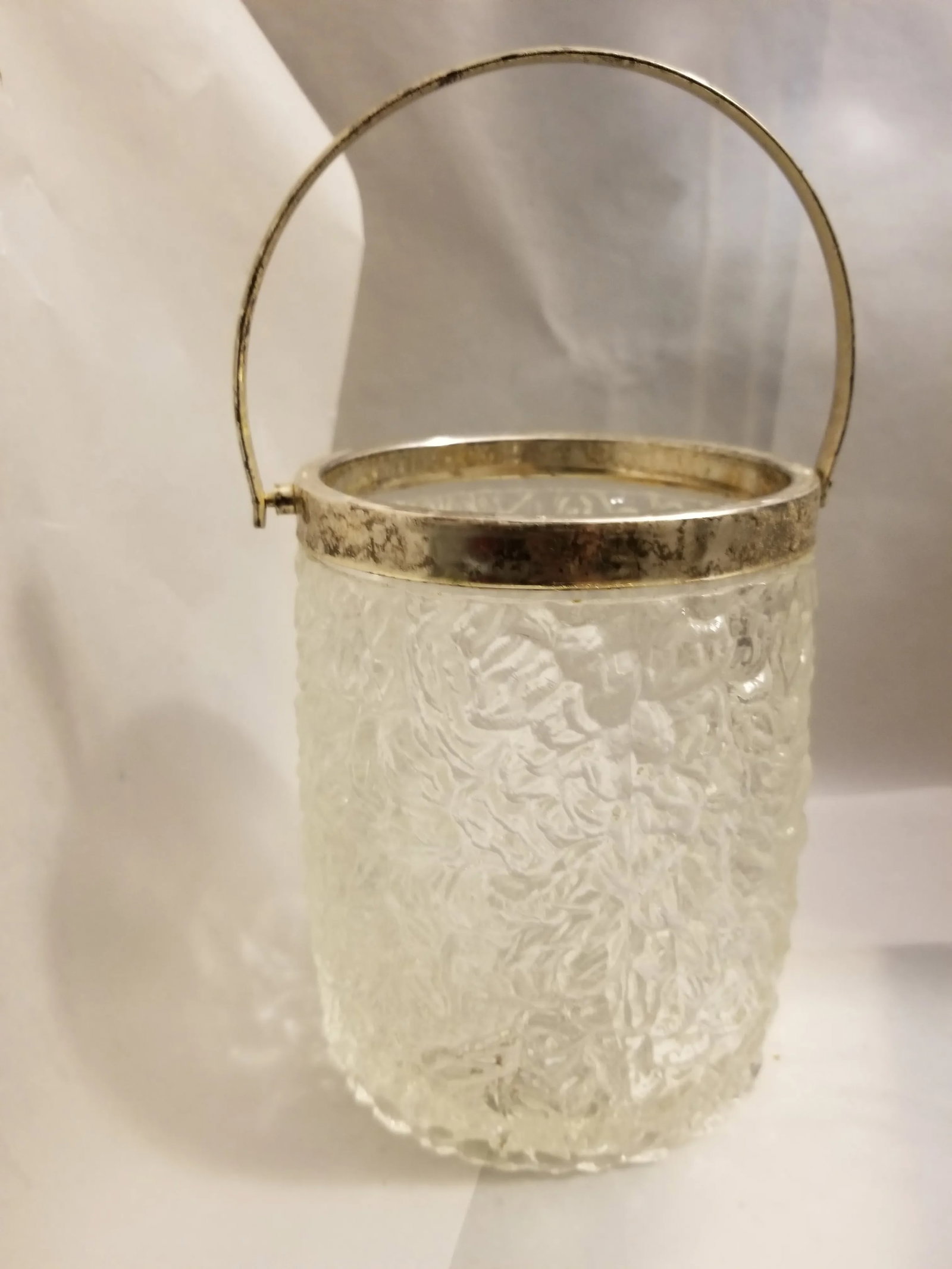 Mid-Century Modern Cut Glass Ice Bucket W/ Silverplate Trim & Handle - 6