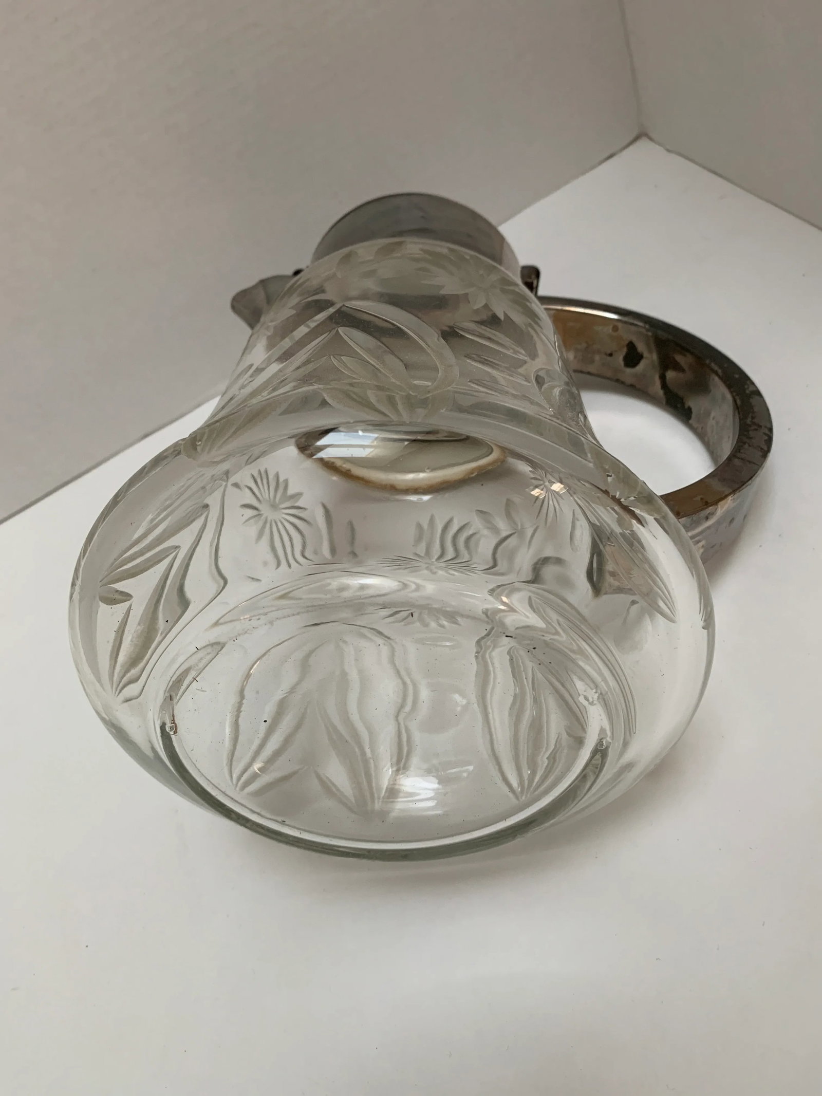 Large Vintage Cut Glass Silver Accented Pitcher - 10