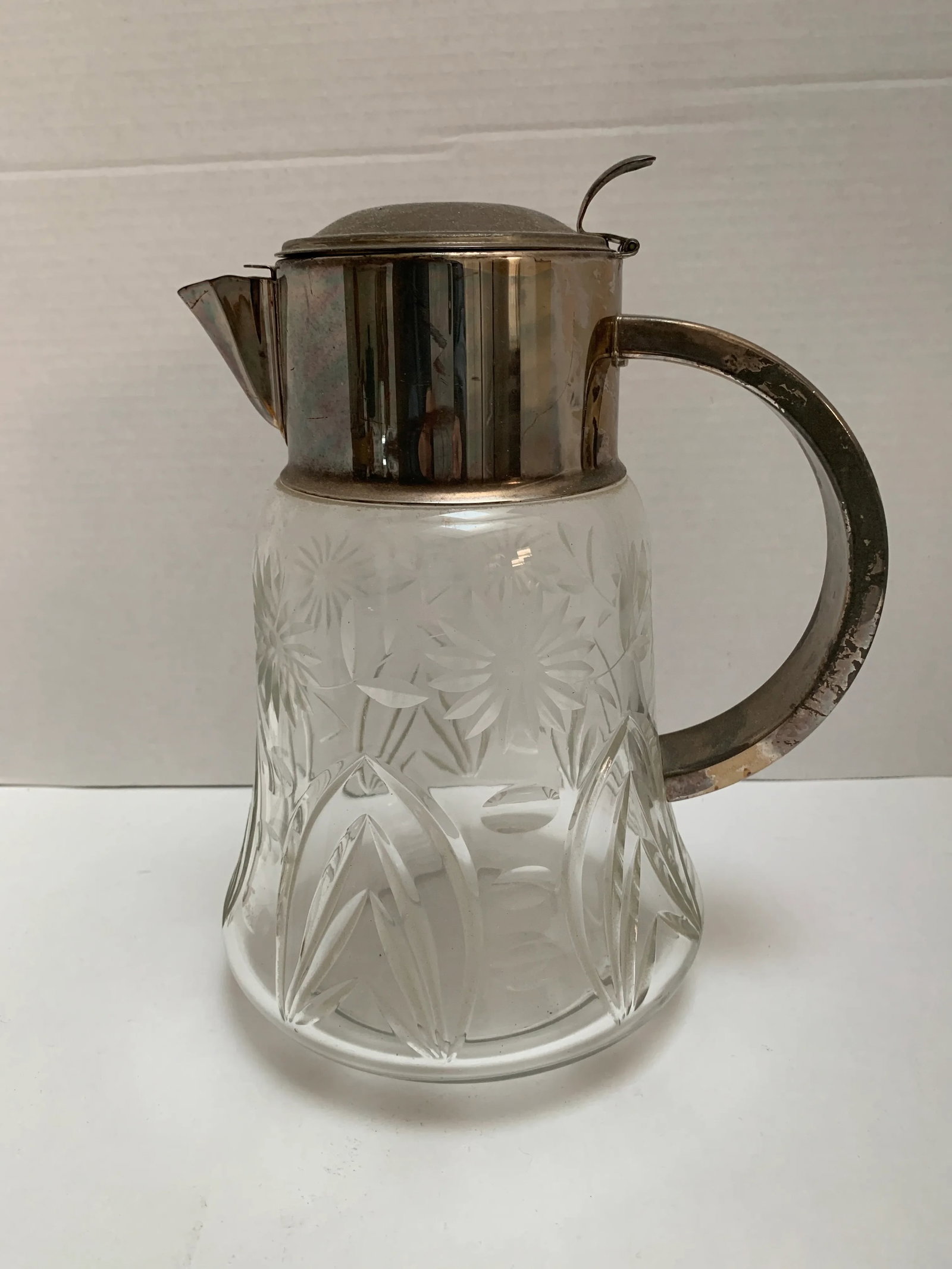 Large Vintage Cut Glass Silver Accented Pitcher - 11