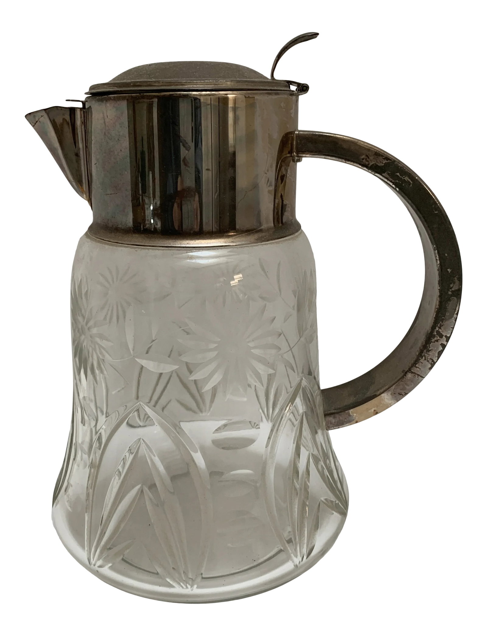 Large Vintage Cut Glass Silver Accented Pitcher: Large vintage Paris apartment classic silver runner cut glass crystal water pitcher of vase. Vintage hotel style. Tarnished from years of use. Perfect as a vase full of French tulips for the table. Co