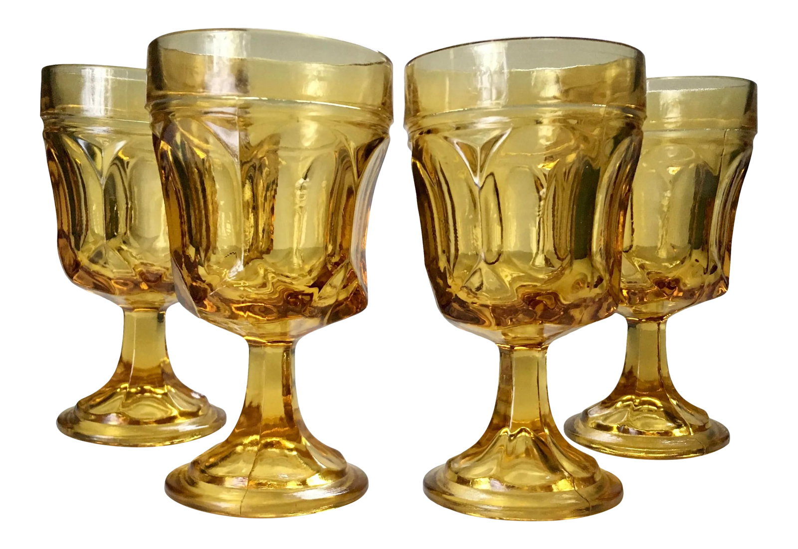 1960s Anchor Hocking Fairfield Amber Glass Wine Goblets- Set of 4: A set of four vintage pressed amber glass wine goblets in the "Fairfield" pattern named after the county which the glass company is located in. Ships within 1-2 days using USPS. Arrives within 2-5