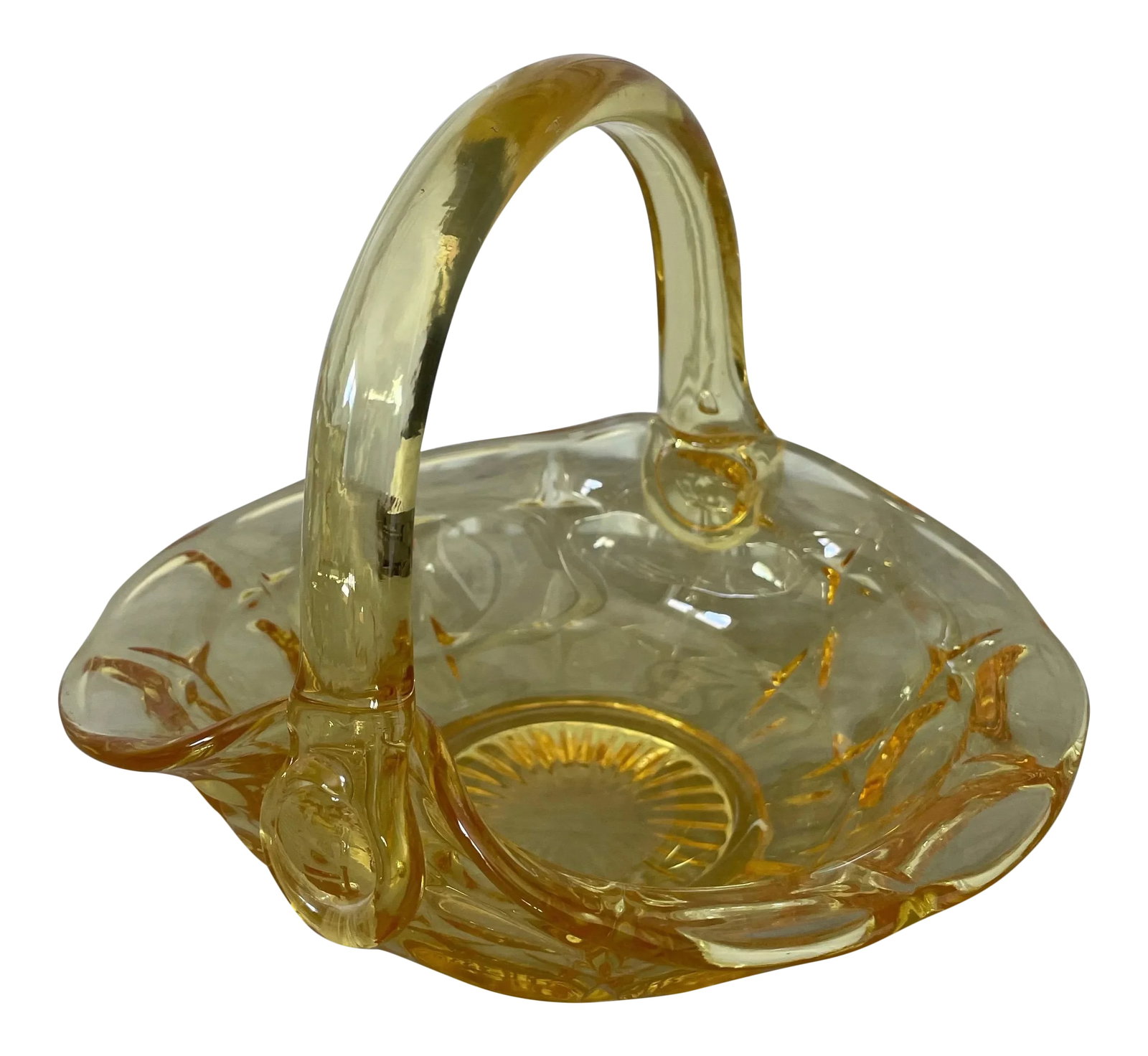 Vintage Indiana Glass Constellation Yellow-Colored Glass Basket: A delicate-looking and pretty fruit basket, this Tiara yellow glass basket is actually very sturdy for fruit or any kind of centerpiece (flowers, dried flowers, pinecones, etc). Called