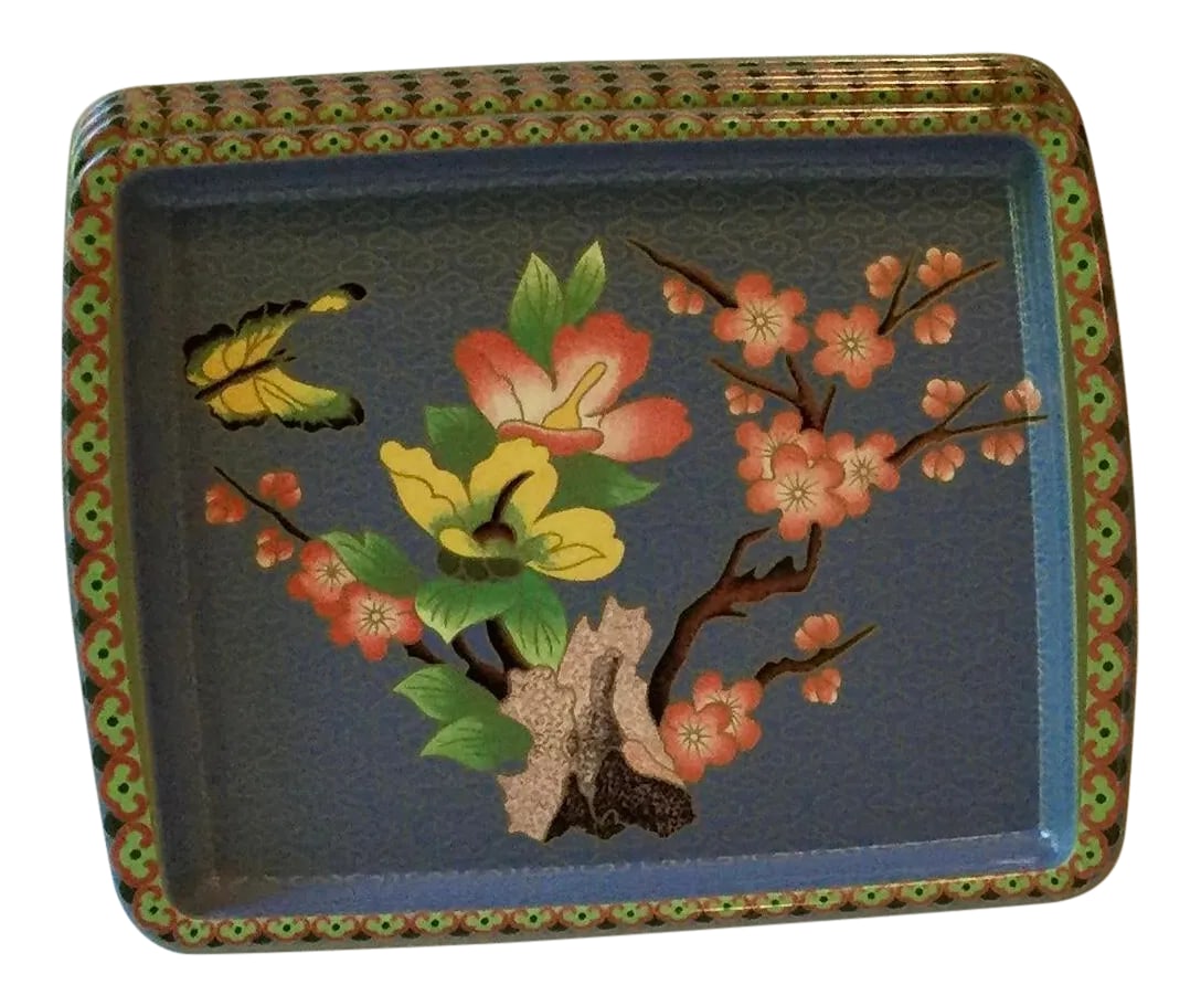 Vintage Daher Cherry Blossom Butterfly Trays- Set of 4: "Daher Decorated Ware" set of four beautiful vintage lithograph tin trays Designed by Daher, Long Island, NY 1101 - Made in England. The Daher Company made these tins in Long Island, NY and decorated 