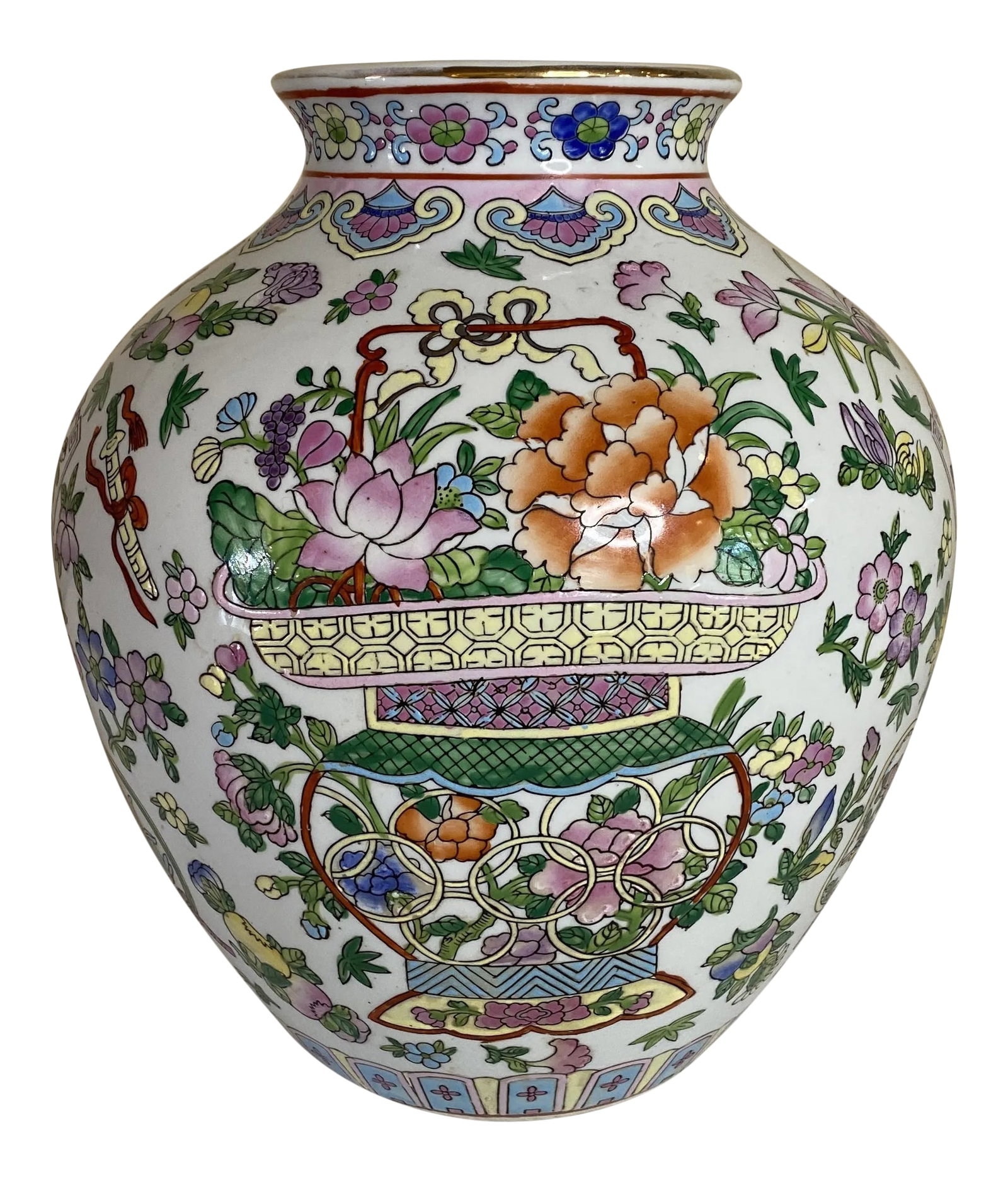 Vintage Asian Floral Vase: Floral vase with a gold rim and multiple vibrant hand painted colors with a white background. Condition: Alterations: Original Condition Unaltered Imperfections: Some Imperfections Condition Notes: