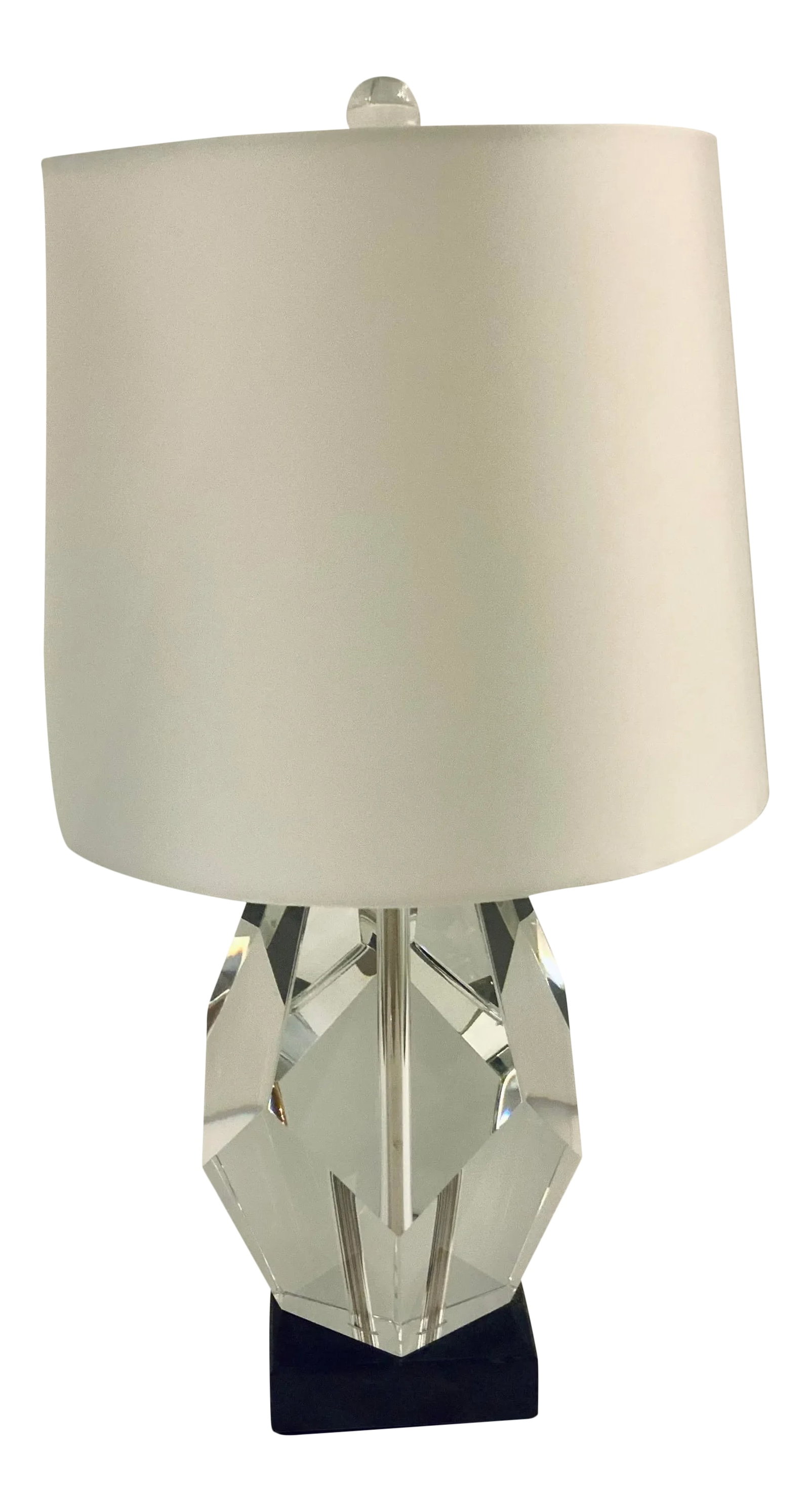 Global Views Modern Geometric Faceted Crystal Block Table Lamp: Original Retail $995, stylish Global Views Modern Geometric Faceted Crystal Block Table Lamp, black base, white fabric cylinder shade, showroom floor sample Condition: Imperfections: Some