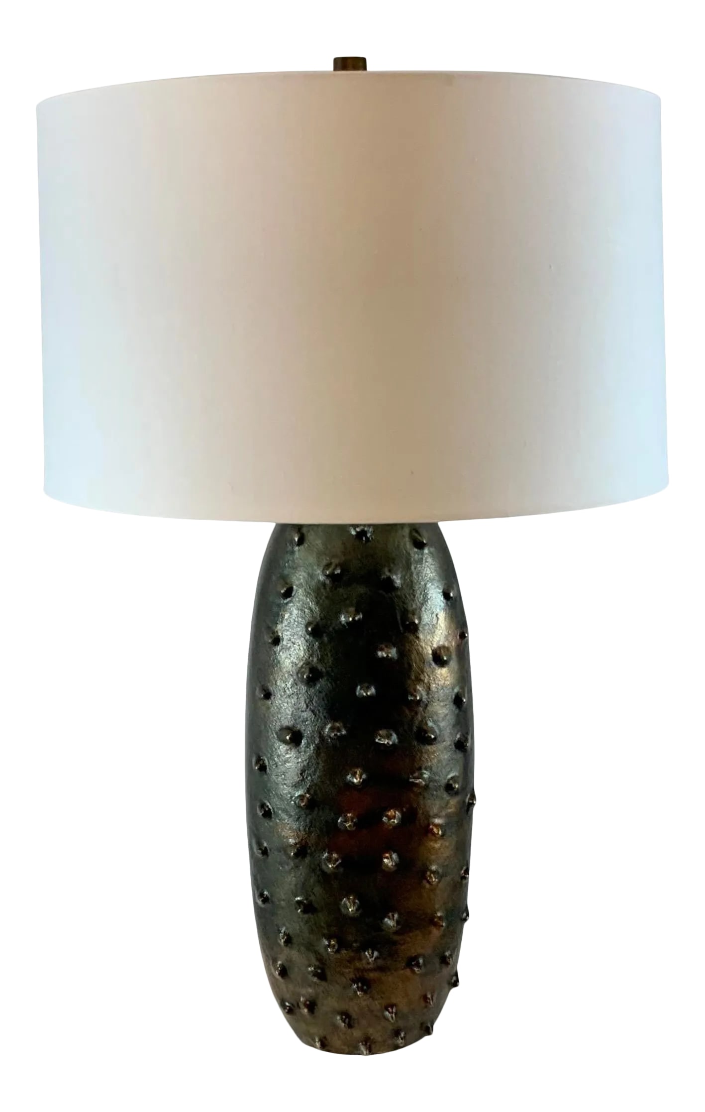 Arteriors Modern Antique Brass Finished Duval Table Lamp: Original Retail $805, stylish ARteriors Modern Antique Brass Finished Duval Table Lamp, white fabric shade, showroom floor sample Condition: Imperfections: Some Imperfections Condition Notes: