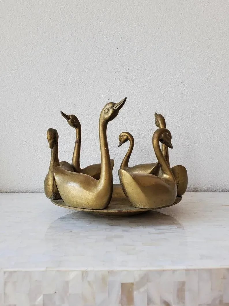 Mid-Century Asian Patinated Brass Swan Bowl - 10