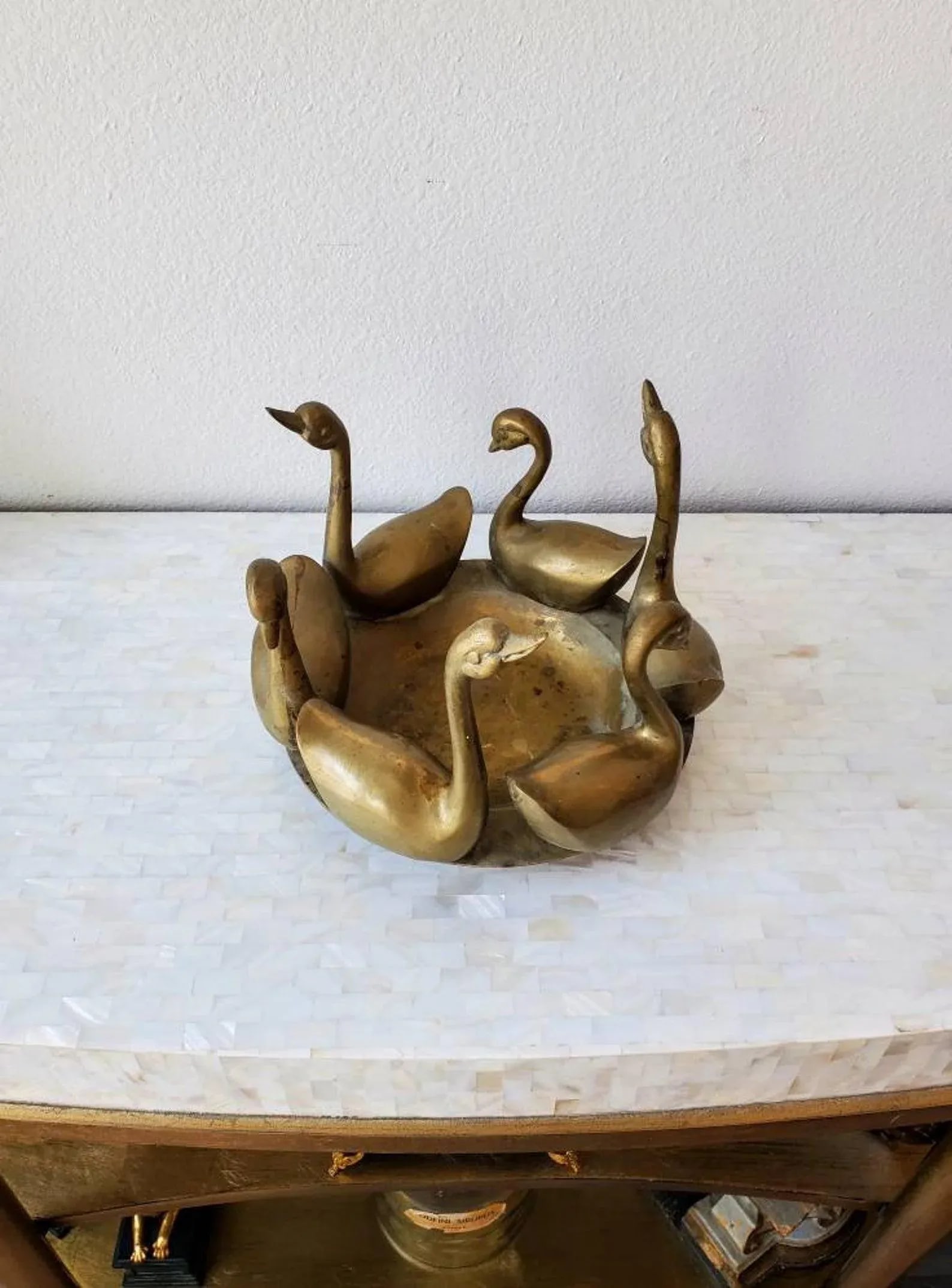 Mid-Century Asian Patinated Brass Swan Bowl - 11