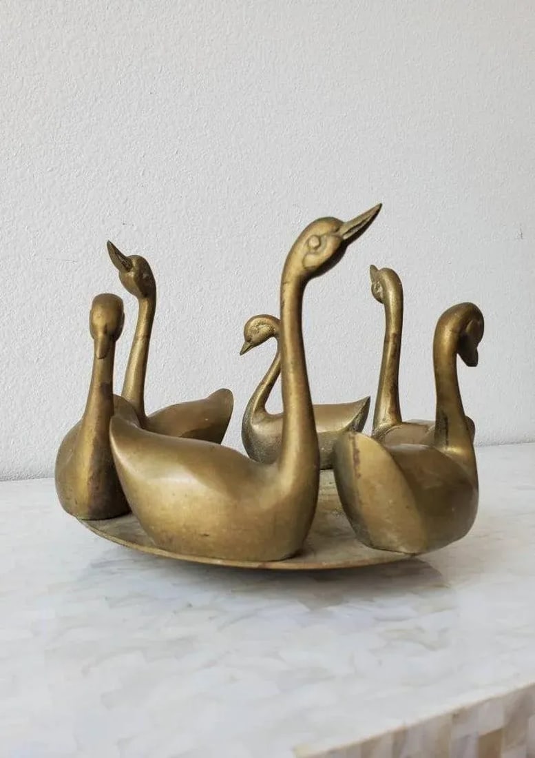 Mid-Century Asian Patinated Brass Swan Bowl - 2