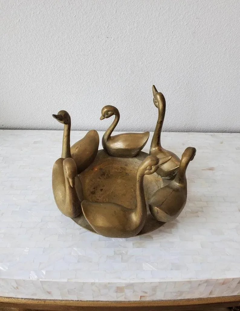 Mid-Century Asian Patinated Brass Swan Bowl - 5