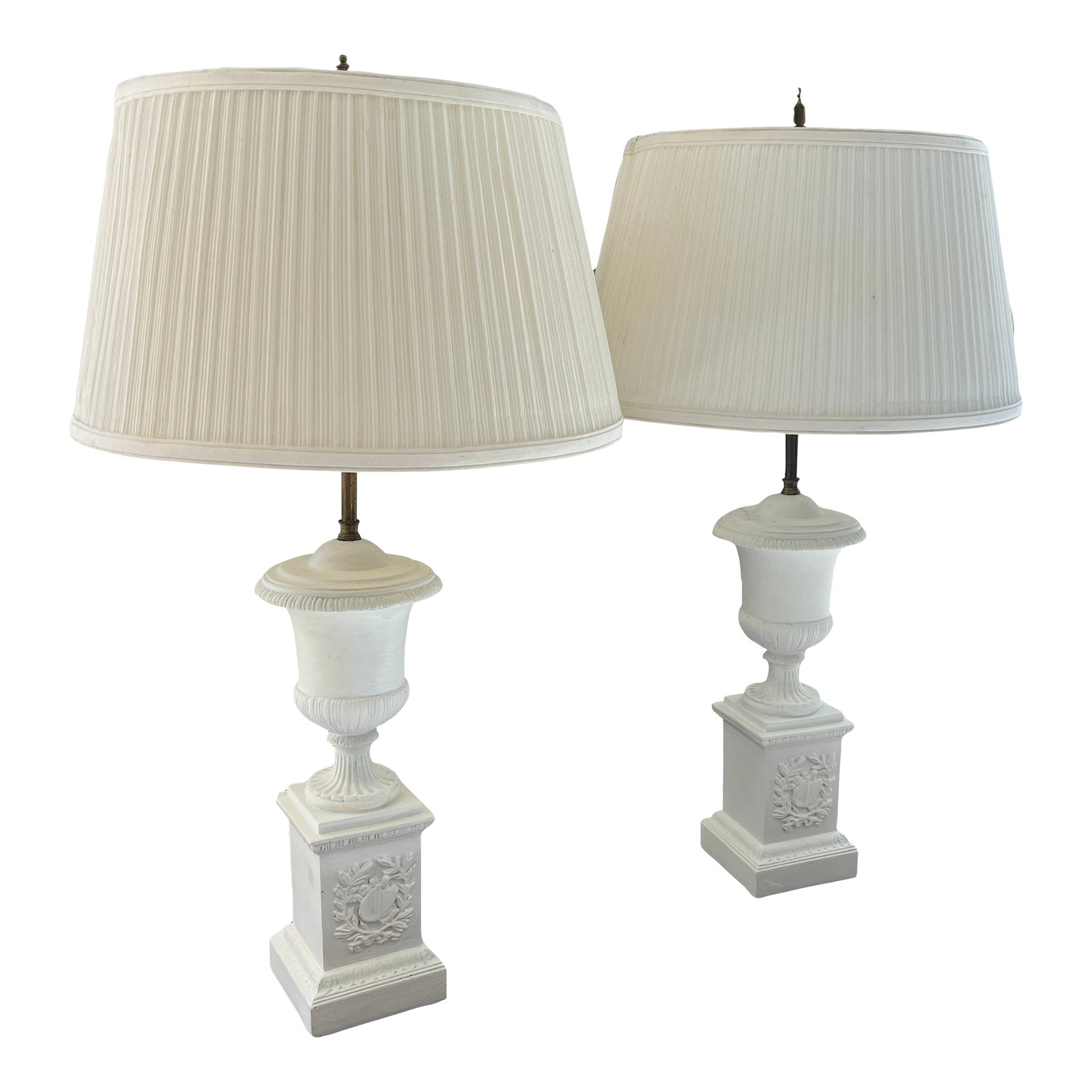 Vintage Italian Borgese White Neoclassical Style Plaster Lamps - A Pair: Vintage Italian Borghese Neoclassical Style Plaster Lamps - A Pair Shades are 12 x 16 x 9.5 slant Condition: Alterations: Original Condition Unaltered Imperfections: Some Imperfections Condition