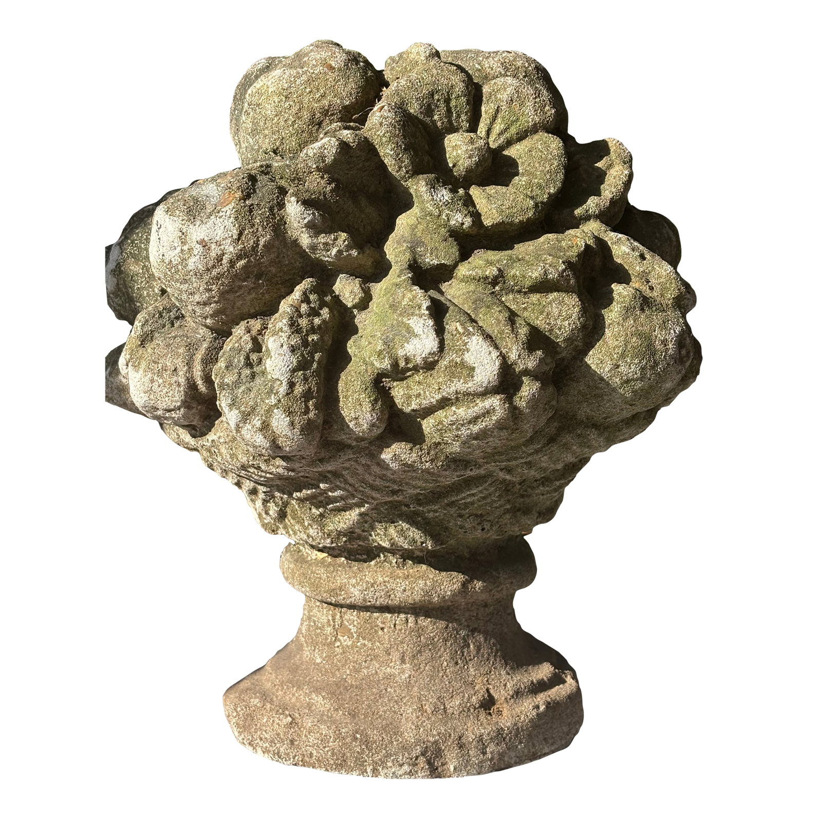 Vintage Cast Stone Fruit Basket Garden Urn: This is a vintage cast-stone garden basket / fruit urn, modeled as a densely piled arrangement of fruit and flowers nestled in a woven basket on a raised classical pedestal. Wonderful piece for your