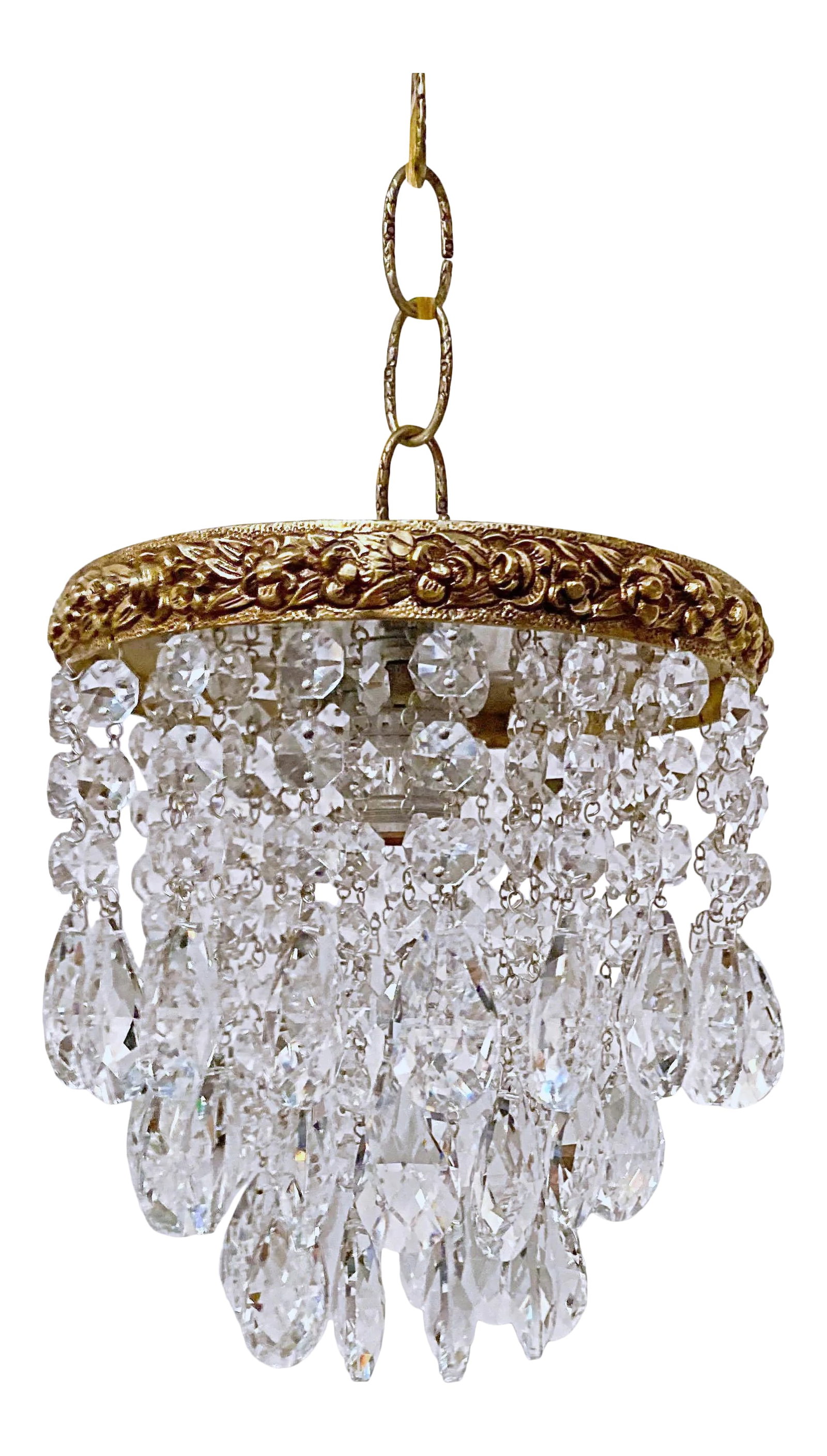 Antique 1920s Italian Bronze Upside Down Layered Chandelier: Italian upside down layered chandelier with bronze rim and 30% leaded almond cut crystal drops. Restored, rewired and it has one Edison base socket that holds a maximum of 100W light bulb. #248 Condit
