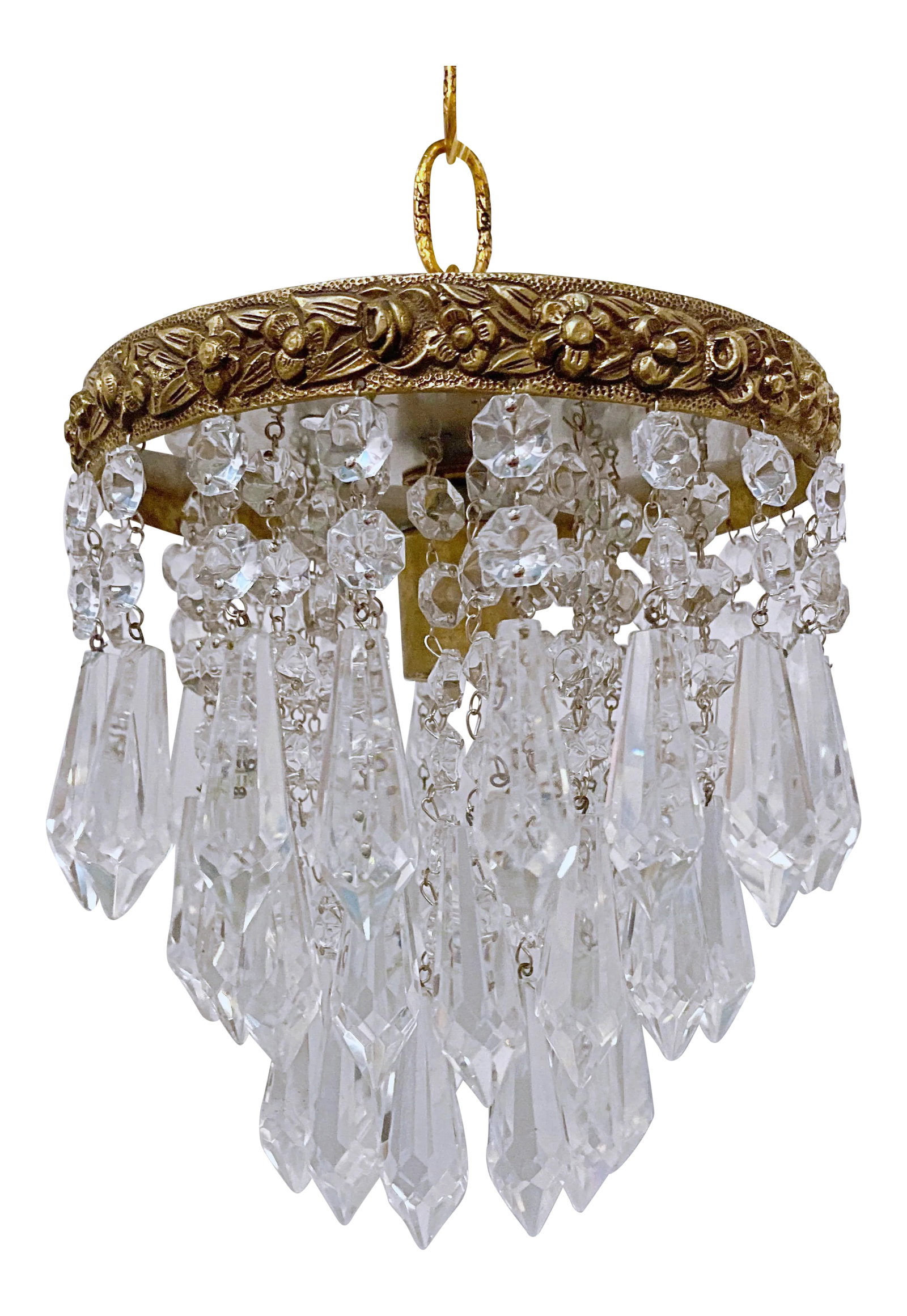 Antique 1920s Italian Bronze Upside Down Layered Chandelier: Italian upside down layered chandelier with bronze rim and vintage plug crystal drops. Restored, rewired and it has one Edison base socket that holds a maximum of 100W light bulb or equivalent LED lig