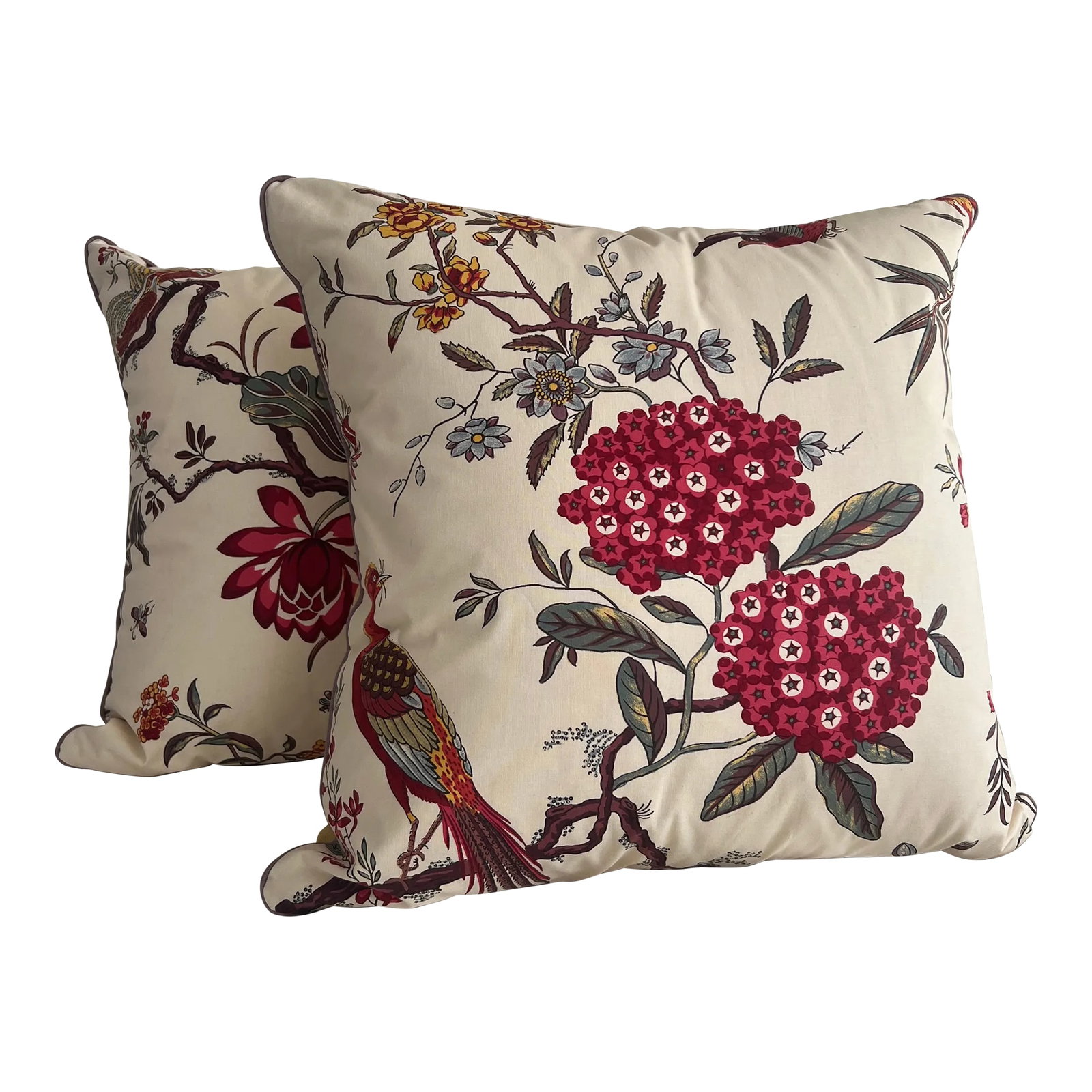Custom Designer Manuel Canovas Bidaine Pillows With Down Inserts- A Pair: Custom Made Manuel Canovas Pavillion De Bidaine Cotton Printed Fabric 22" Pillows- a Pair Lavender welting and yellow backs Hidden zipper High quality feather/down insert Condition: Imperfections: No 