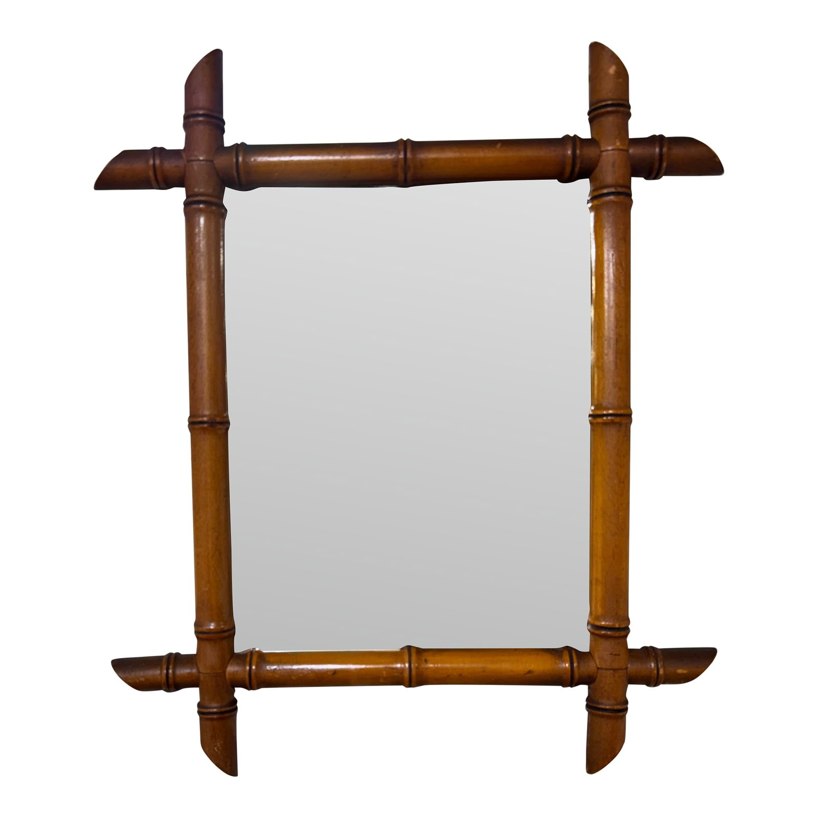 19th Century French Bamboo Wall Mirror: This is a French antique faux-bamboo wall mirror with a hand-carved wood frame. The frame is wood that has been shaped and finished to resemble bamboo stalks, often with a warm, aged patina. These Chi