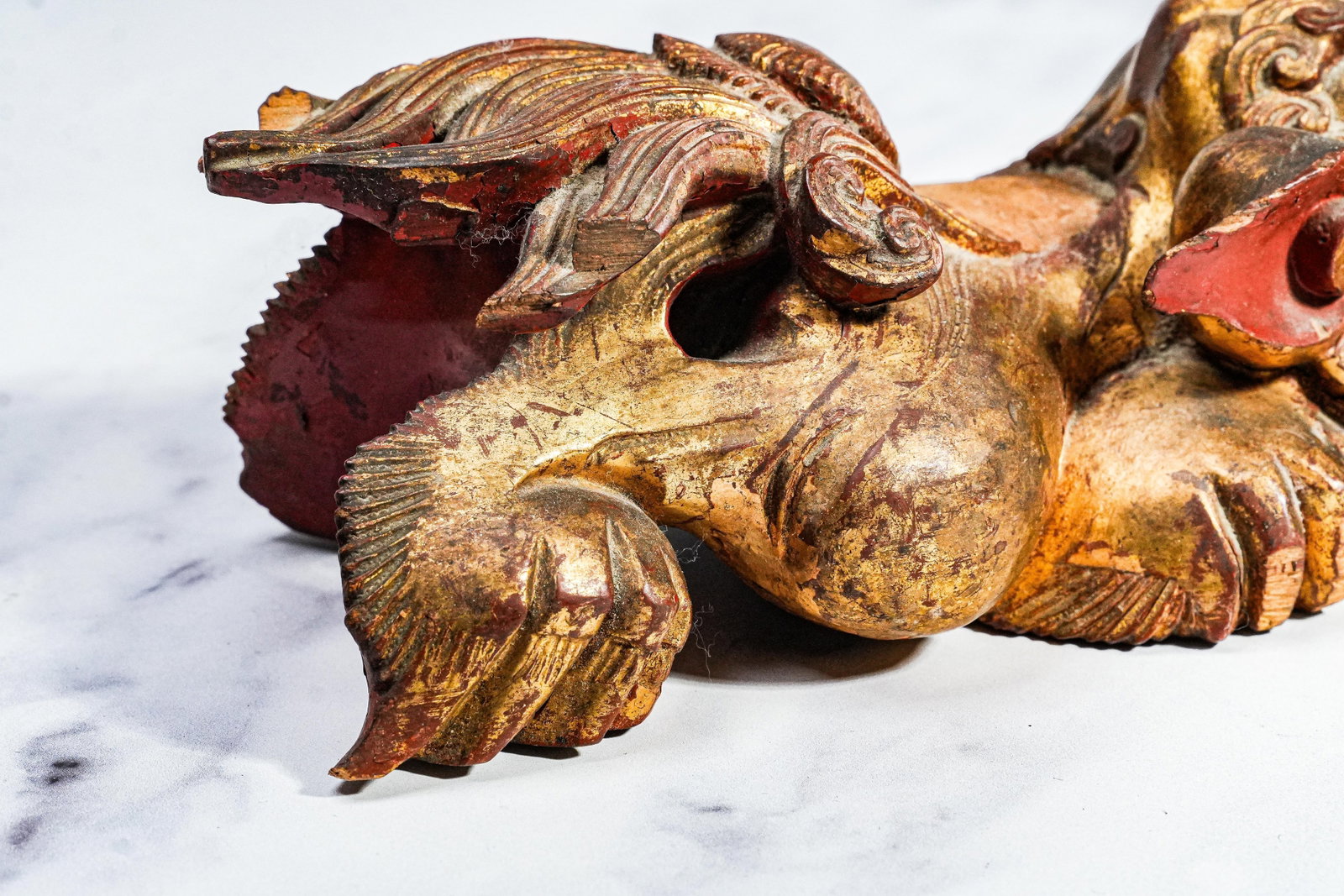 Hand Carved Antique Chinese Guardian Lion Wall Plaque Gilt Foo Dog Sculpture Asian Home Decor - 10