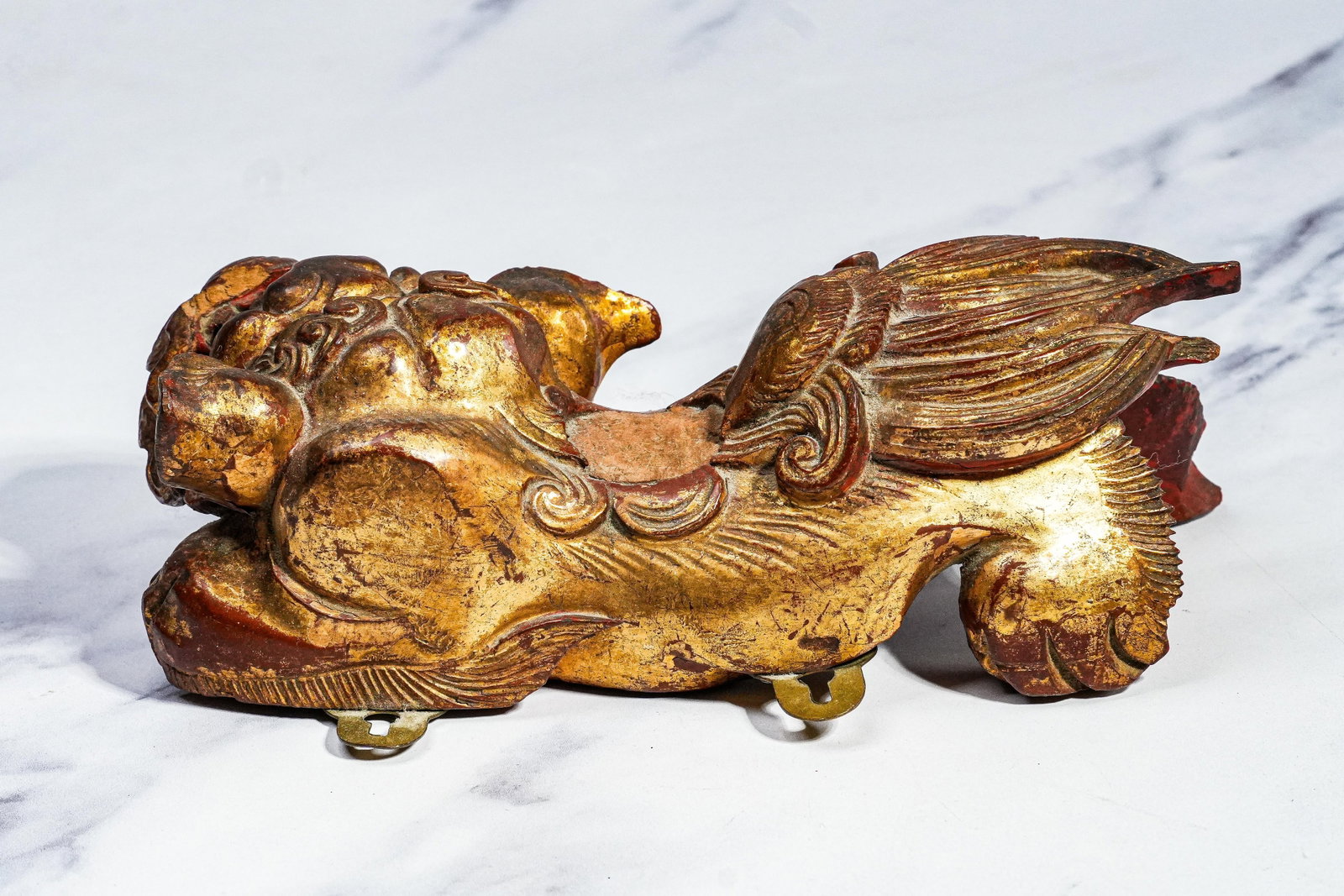 Hand Carved Antique Chinese Guardian Lion Wall Plaque Gilt Foo Dog Sculpture Asian Home Decor - 12
