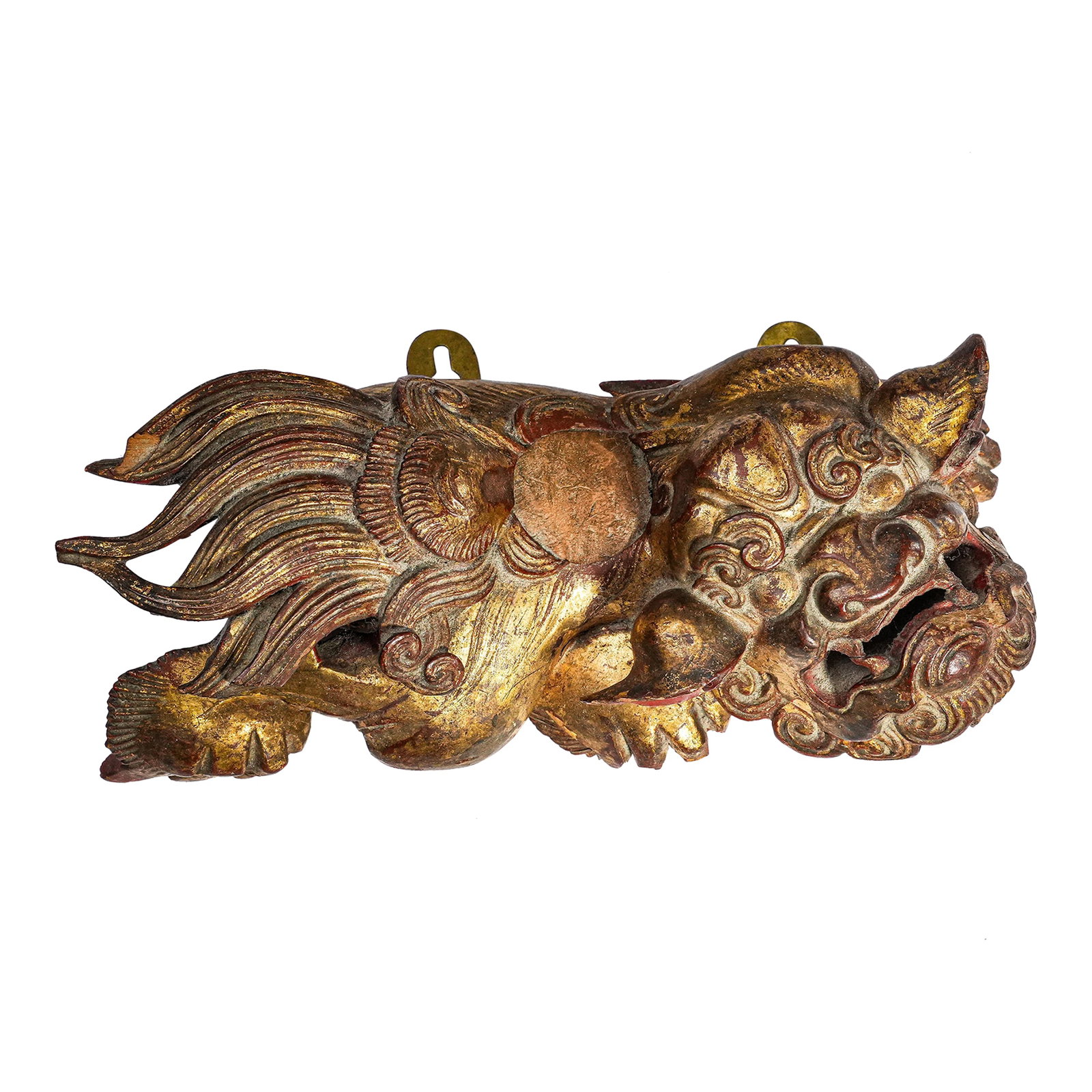 Hand Carved Antique Chinese Guardian Lion Wall Plaque Gilt Foo Dog Sculpture Asian Home Decor: Discover the powerful presence of this circa 1900 hand-carved Asian guardian lion (shishi / foo dog), a striking and richly symbolic wall-mounted sculpture that blends artistry, history, and spiritual