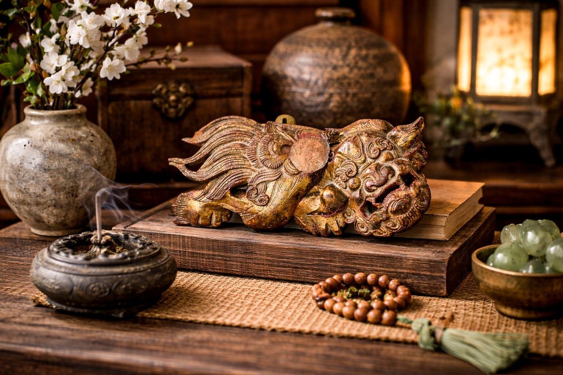 Hand Carved Antique Chinese Guardian Lion Wall Plaque Gilt Foo Dog Sculpture Asian Home Decor - 2