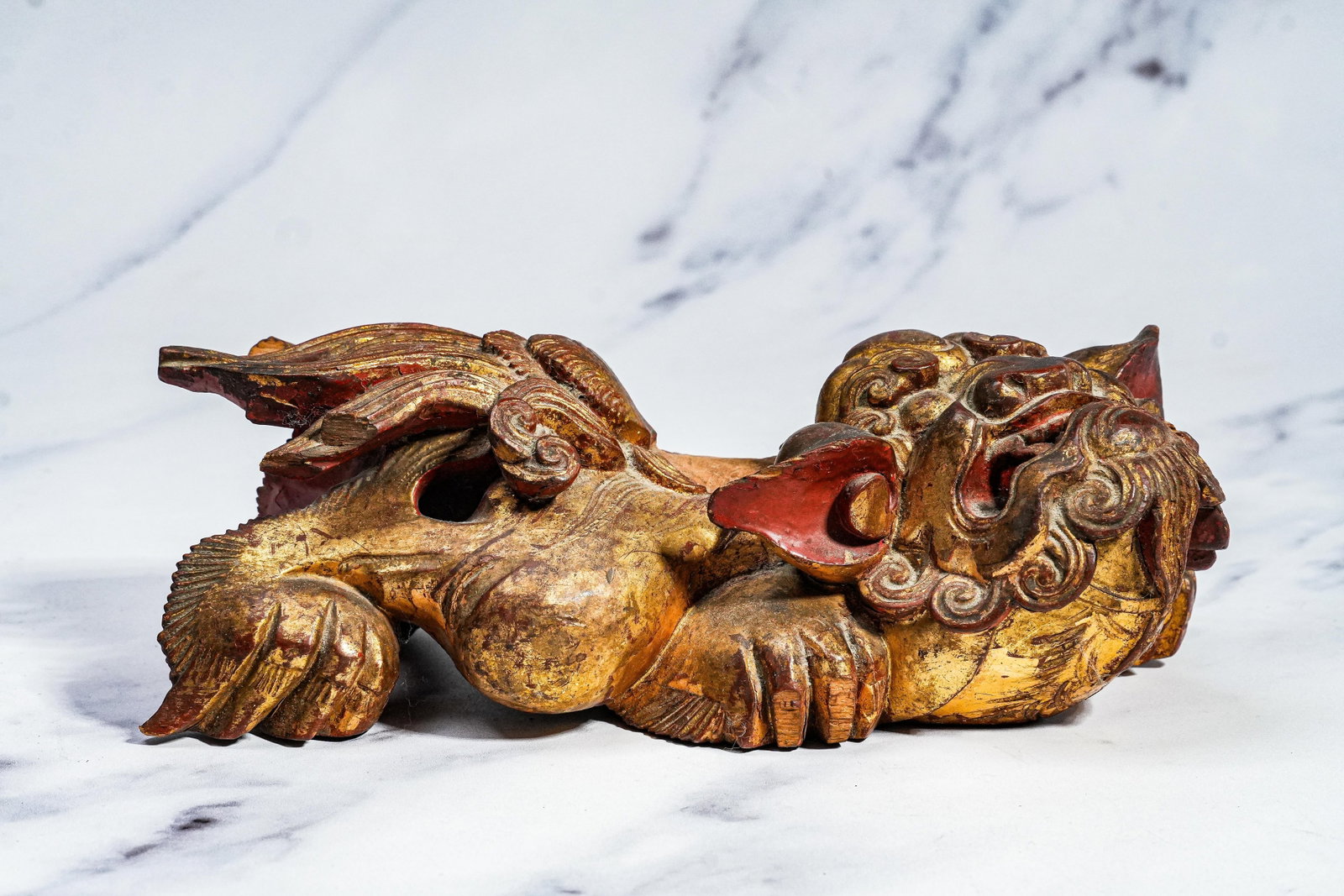 Hand Carved Antique Chinese Guardian Lion Wall Plaque Gilt Foo Dog Sculpture Asian Home Decor - 3