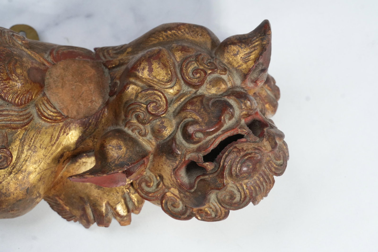 Hand Carved Antique Chinese Guardian Lion Wall Plaque Gilt Foo Dog Sculpture Asian Home Decor - 4