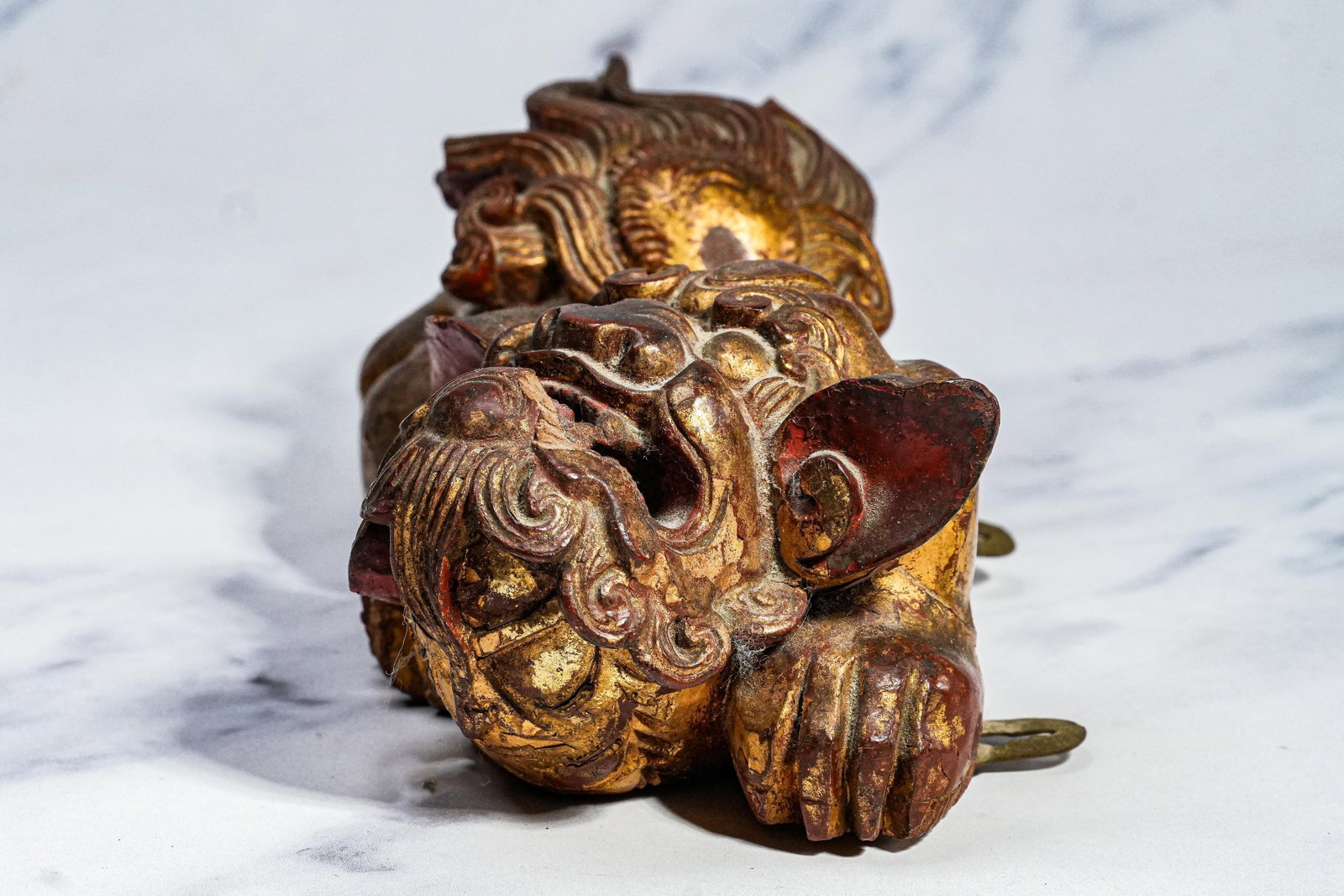 Hand Carved Antique Chinese Guardian Lion Wall Plaque Gilt Foo Dog Sculpture Asian Home Decor - 5