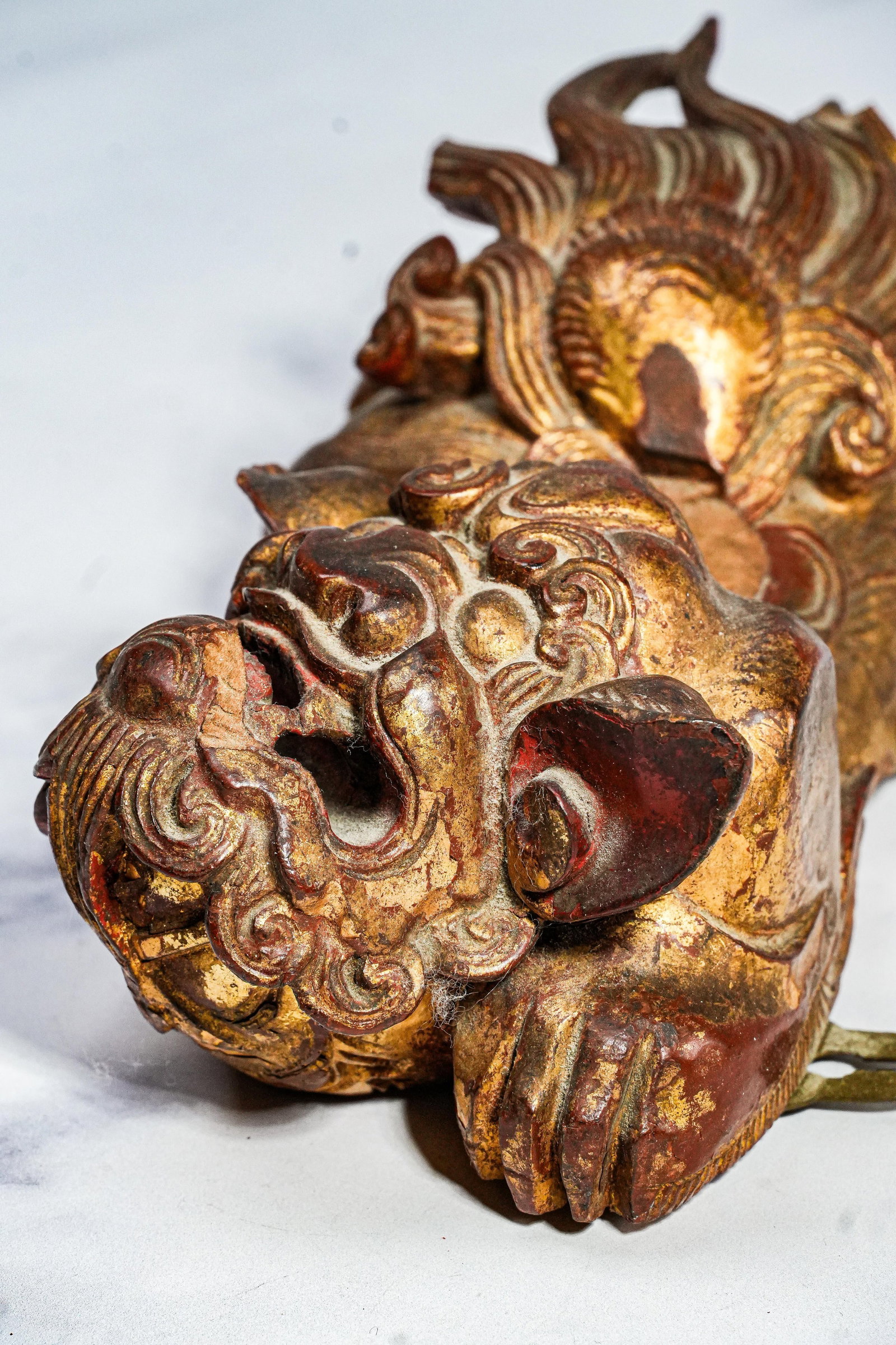 Hand Carved Antique Chinese Guardian Lion Wall Plaque Gilt Foo Dog Sculpture Asian Home Decor - 6