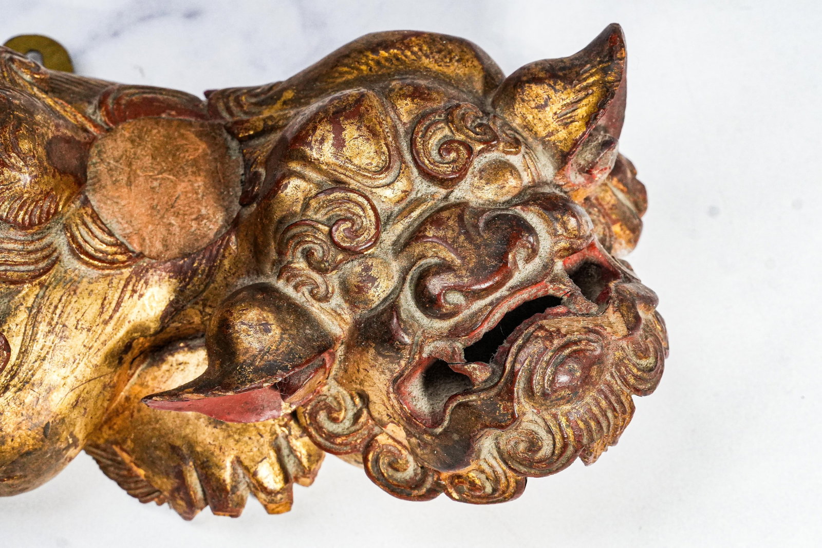 Hand Carved Antique Chinese Guardian Lion Wall Plaque Gilt Foo Dog Sculpture Asian Home Decor - 8