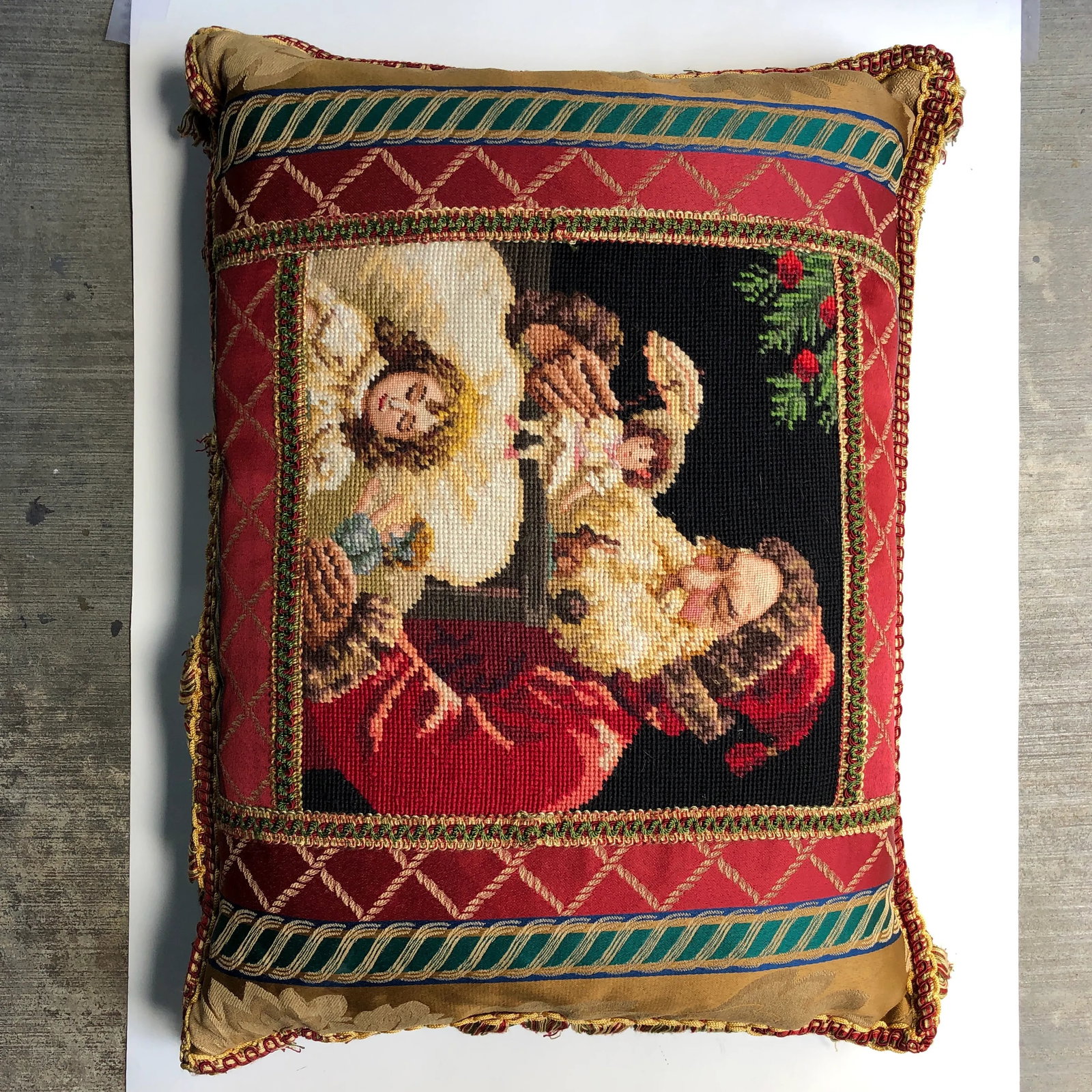 Vintage Santa With Dolls Needlepoint Pillow - 10