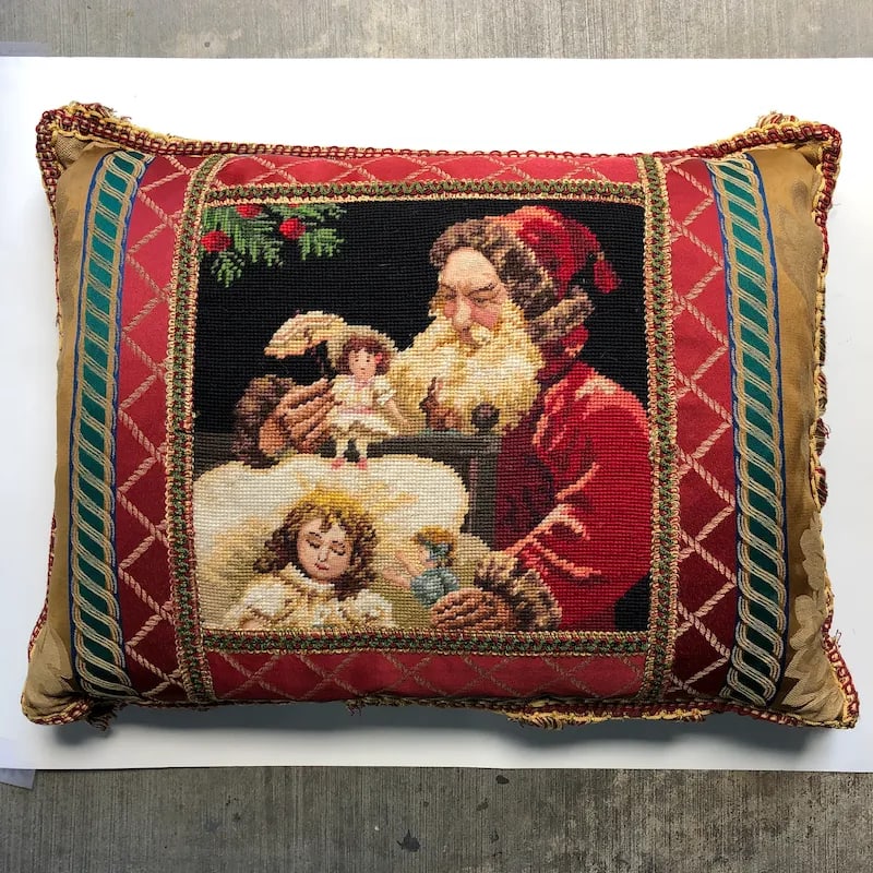 Vintage Santa With Dolls Needlepoint Pillow - 11