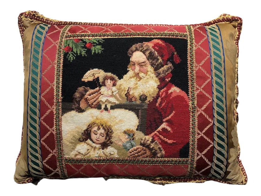 Vintage Santa With Dolls Needlepoint Pillow: Needlepoint down-filled pillow showing Santa with Dolls. Trimmed with multi-color passementerie. Back is in black velvet. Condition: Alterations: Original Condition Unaltered Imperfections: Some