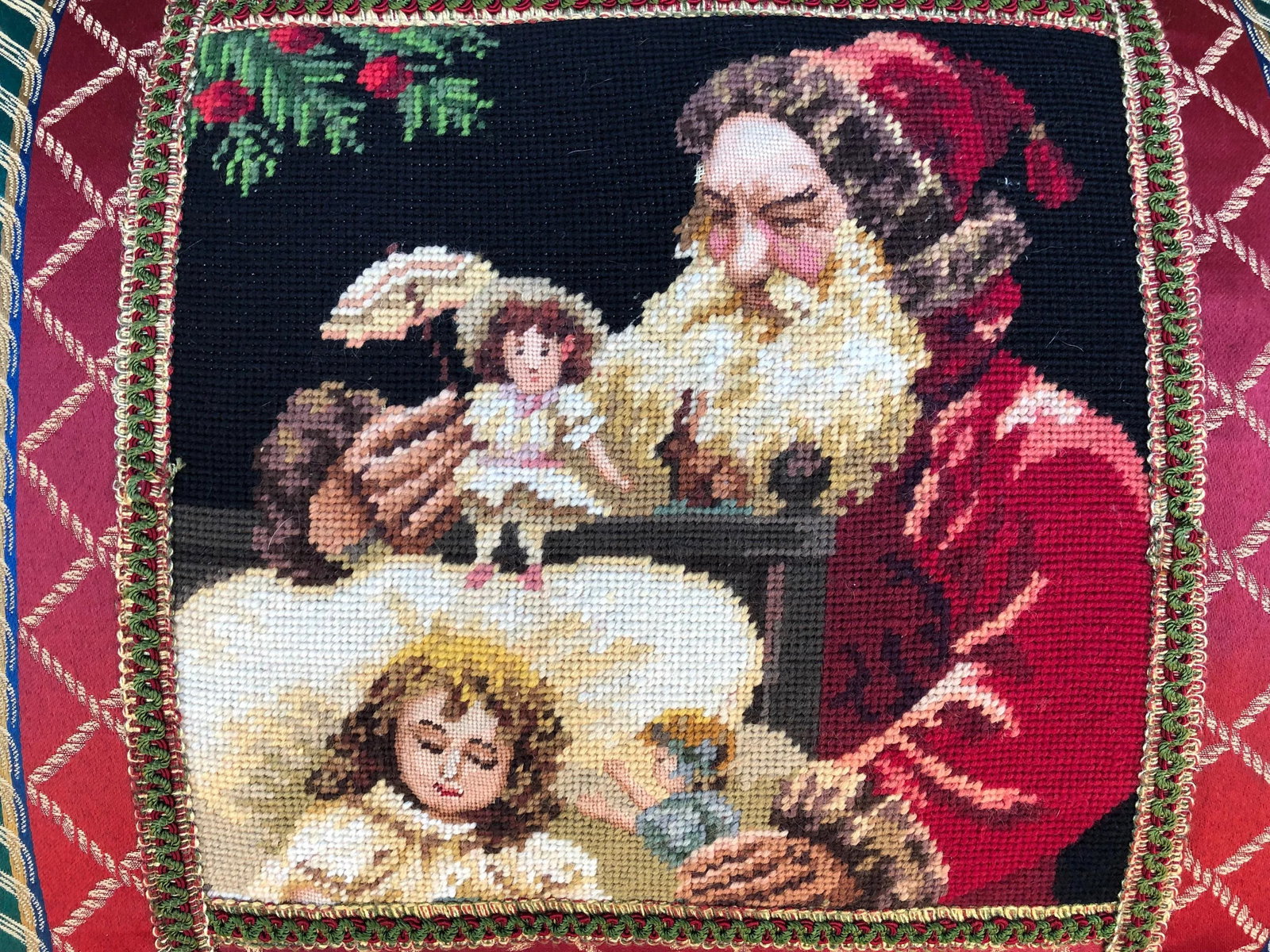 Vintage Santa With Dolls Needlepoint Pillow - 2