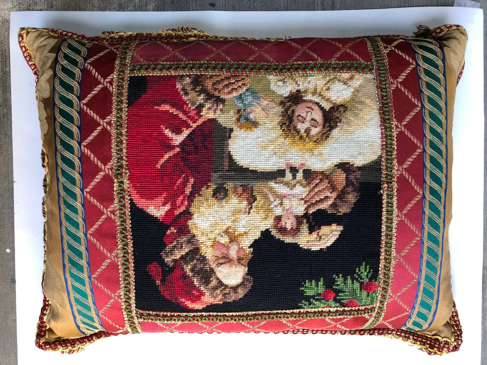 Vintage Santa With Dolls Needlepoint Pillow - 9
