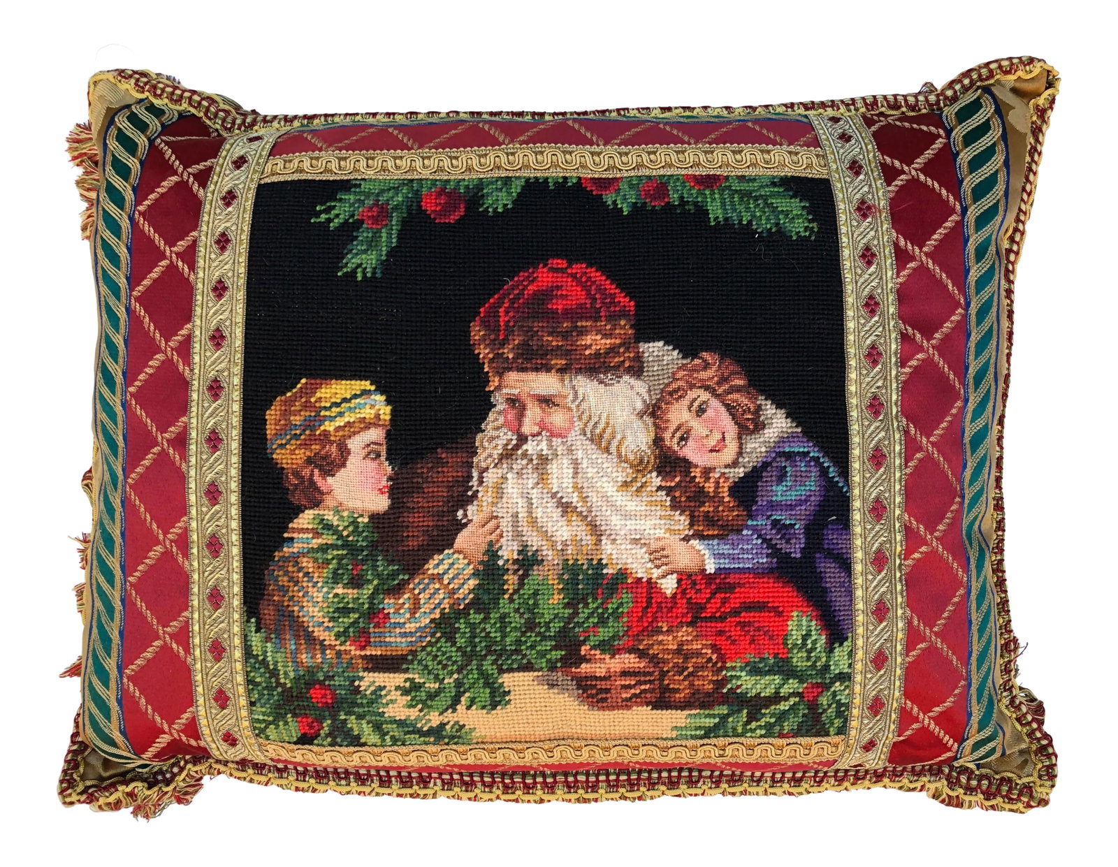 Vintage Santa With Children Needlepoint Pillow: Santa with Children needlepoint pillow with multi-color passementerie. Circa 1980's. Back covered in black velvet. Down filled. Condition: Alterations: Original Condition Unaltered Imperfections: Some