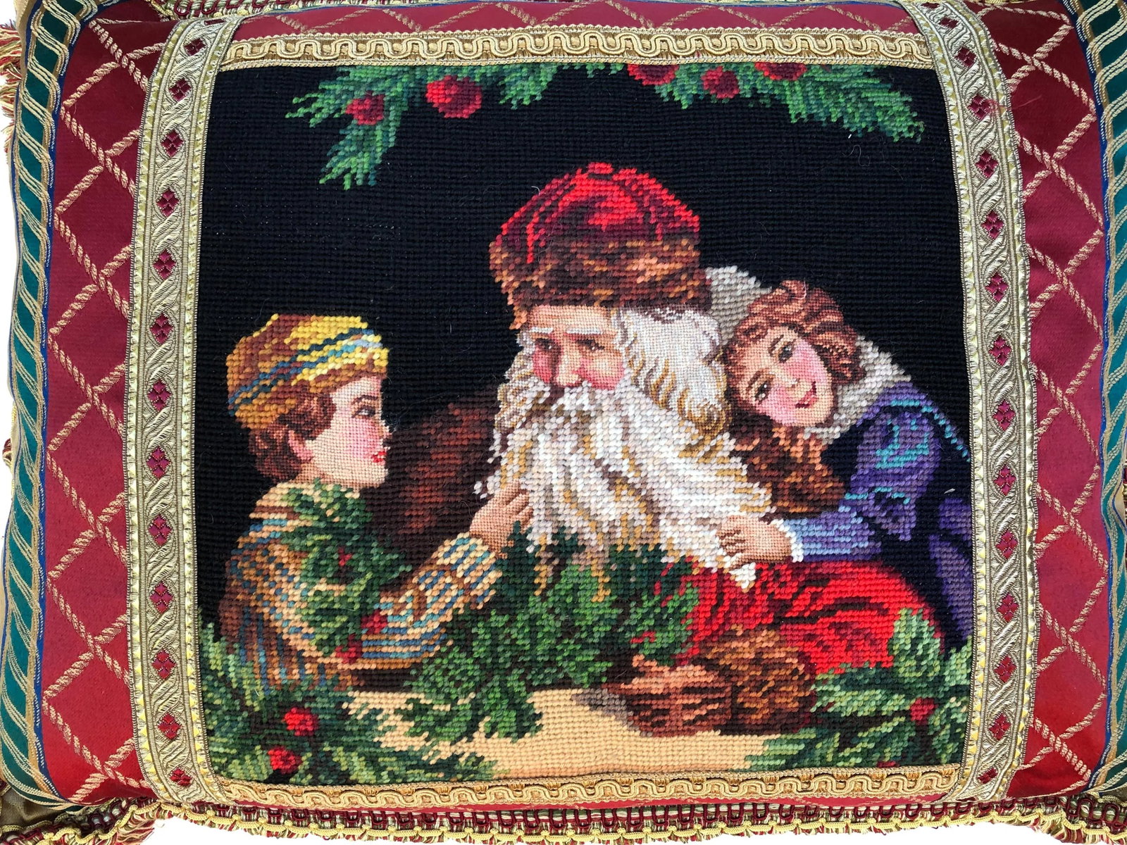 Vintage Santa With Children Needlepoint Pillow - 3