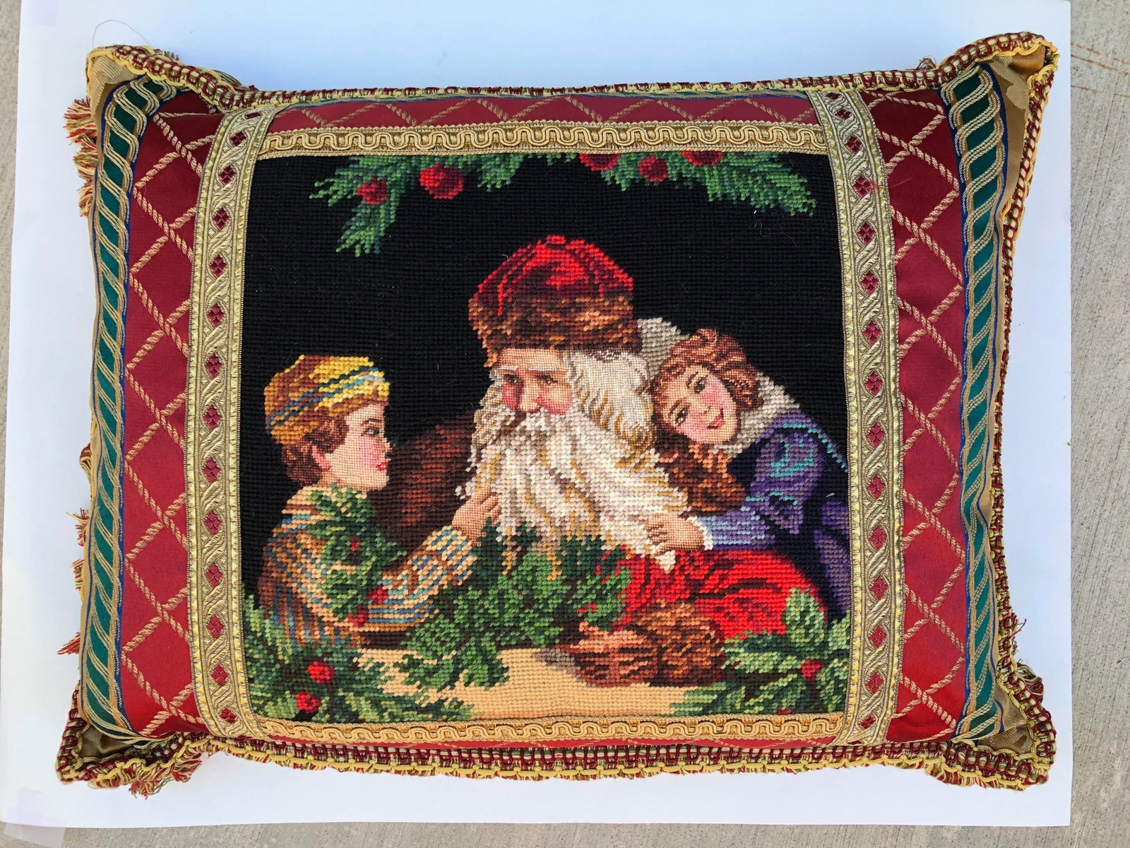 Vintage Santa With Children Needlepoint Pillow - 8
