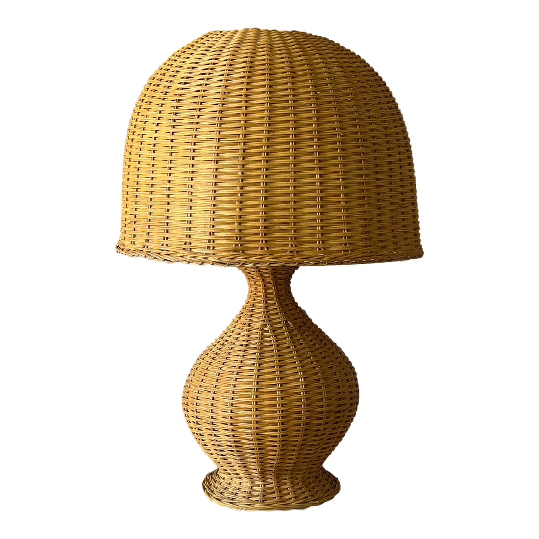 1960s Large Wicker Lamp: Bring warmth and natural texture into your space with this beautifully sculpted vintage rattan table lamp. Featuring a gracefully curved base and dome-shaped woven shade, this piece exudes organic