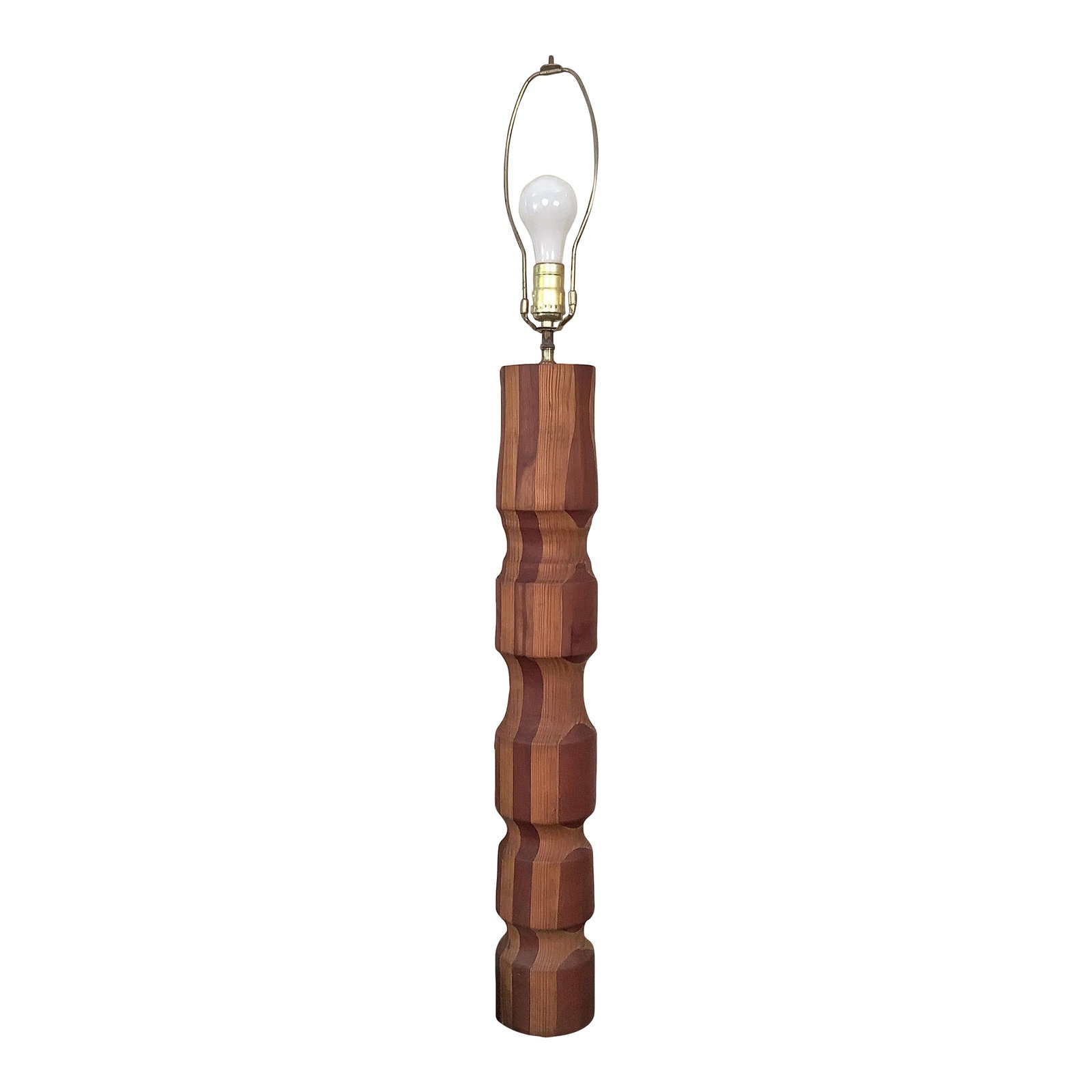 Vintage Late 20th Century Tall Handmade Wood Lamp: This oversized lamp is handmade and "one of a kind". It is not refined but it adds to the charm. The darker wood is walnut and the lighter is red oak. The height is to the top of the harp (included).