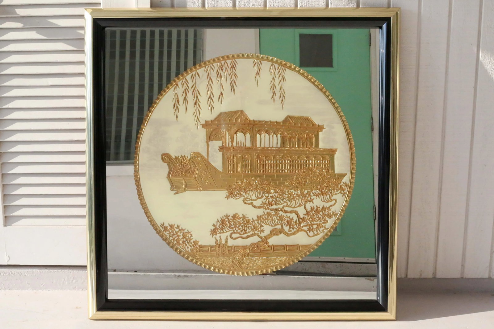 1980's Chinoiserie "Marble Boat" Gilt Carving and Eglomise Wall Mirror - 11